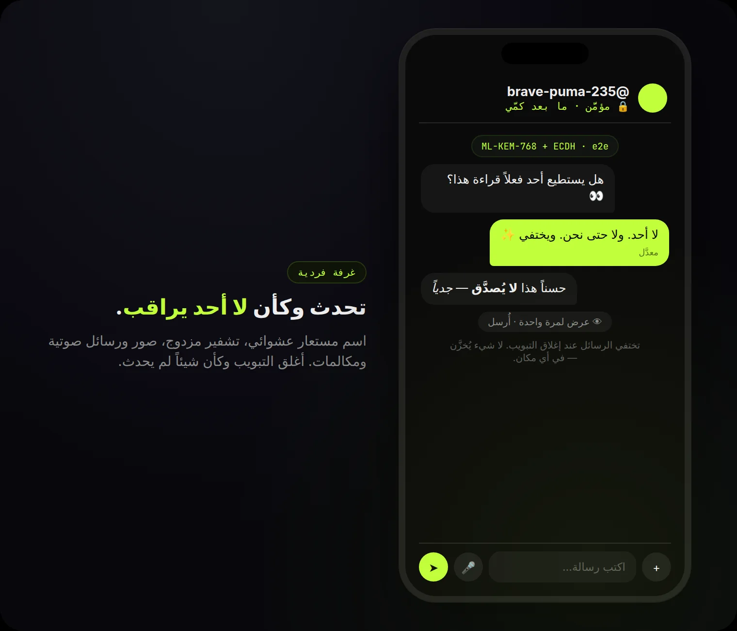 داخل الغرفة: اسم مستعار عشوائي، شارة ما بعد كمّية، رسائل معدّلة وعرض لمرة واحدة.