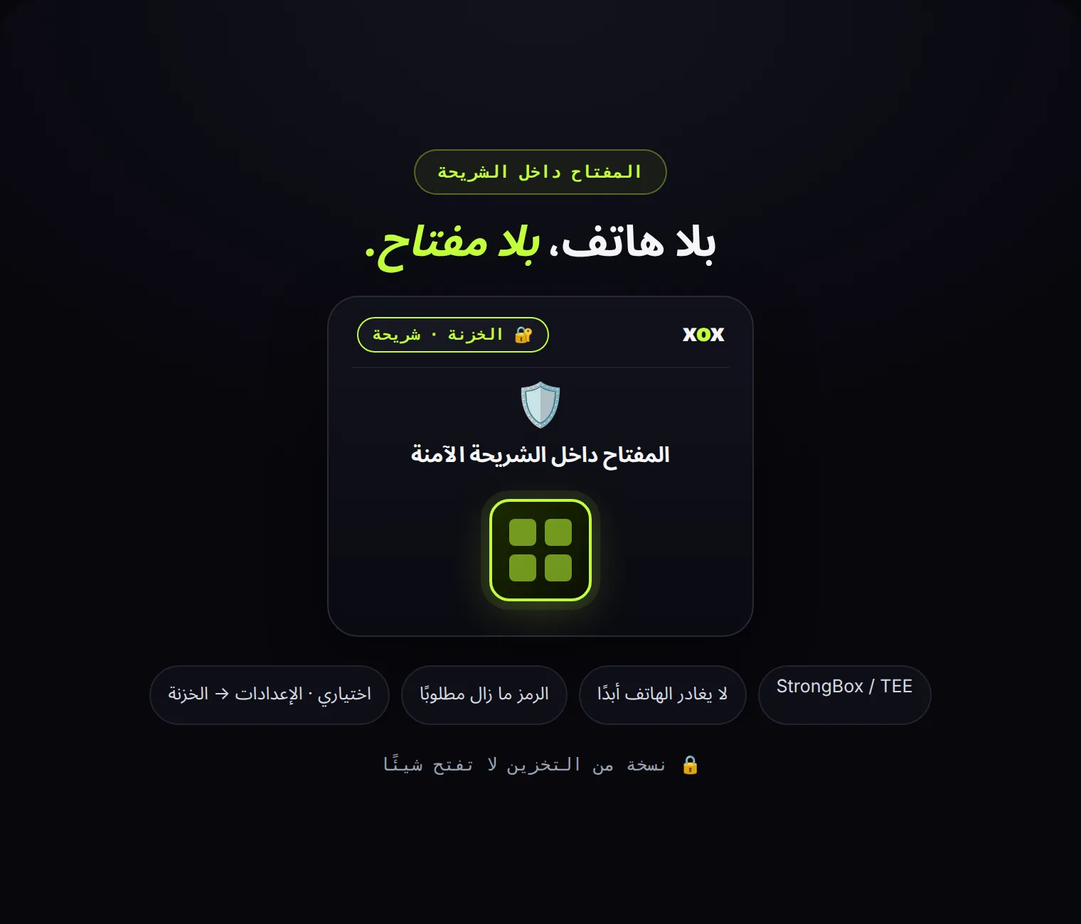 يمكن لمفتاح الخزنة الآن أن يعيش داخل الشريحة الآمنة للهاتف. نسخة من التخزين لا تنفع بدون هذا الهاتف.