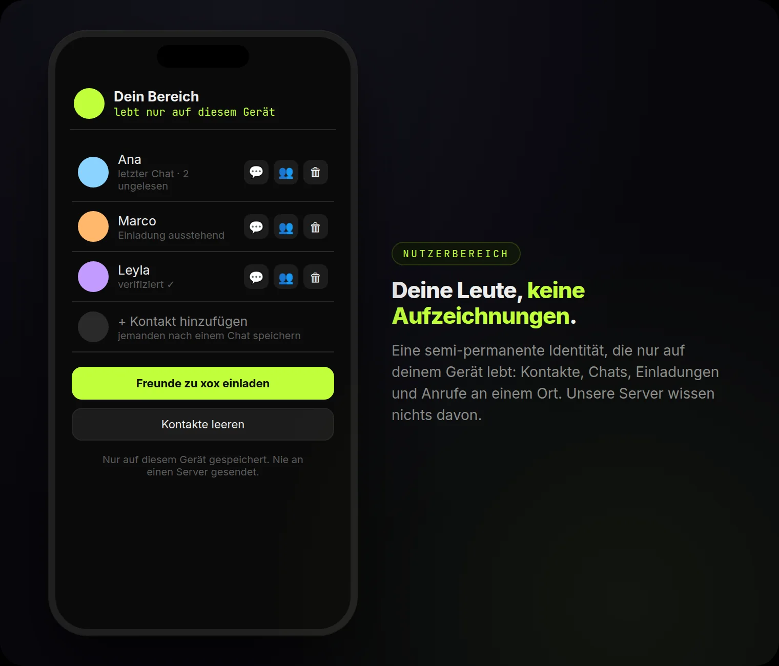 Dein Bereich: Kontakte mit Ein-Tipp-Aktionen — 1-zu-1 einladen, Gruppenanruf, löschen. Nur auf diesem Gerät.