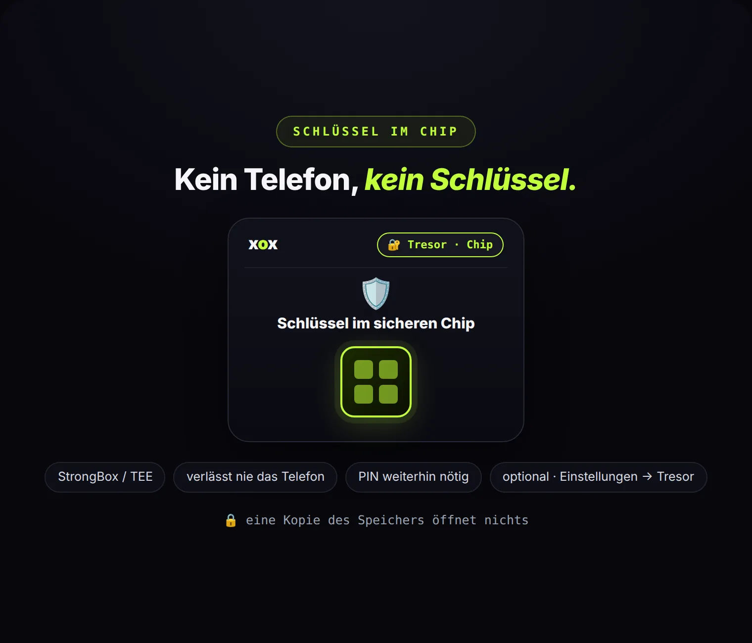 Der Tresorschlüssel kann jetzt im sicheren Chip des Telefons liegen. Eine Kopie des Speichers ist ohne dieses Telefon wertlos.