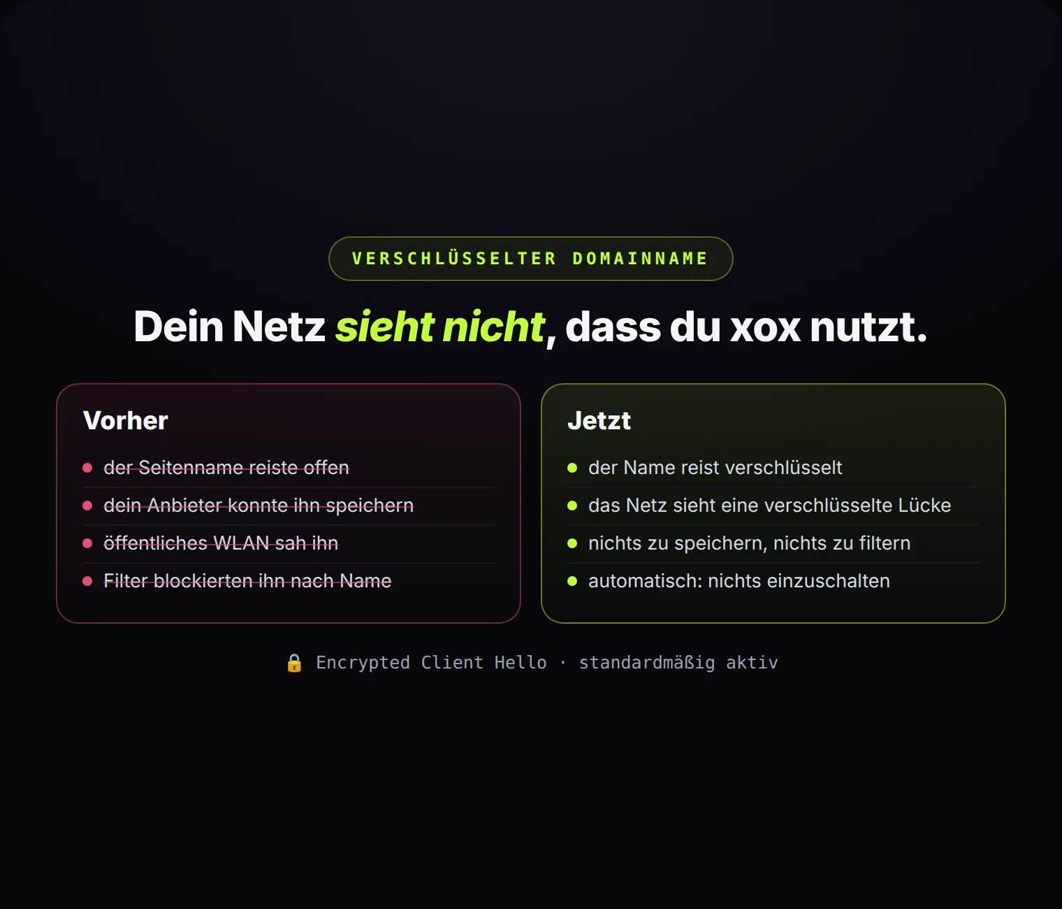 Was das Netz sieht, wenn du xox öffnest: früher den Namen der Seite, jetzt eine verschlüsselte Lücke.