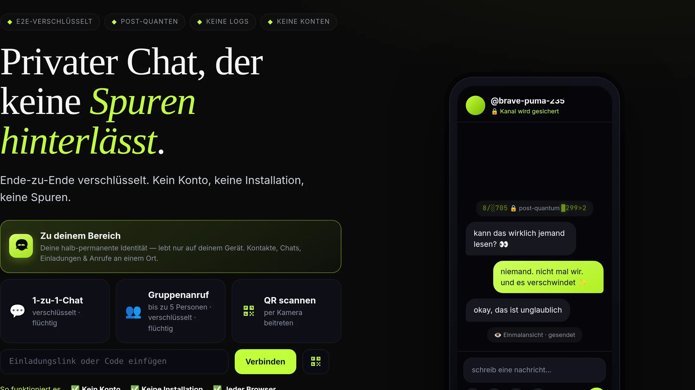 Der xox-Startbildschirm: Nutzerbereich, 1-zu-1, Gruppenanruf, QR und das Einladungsfeld.