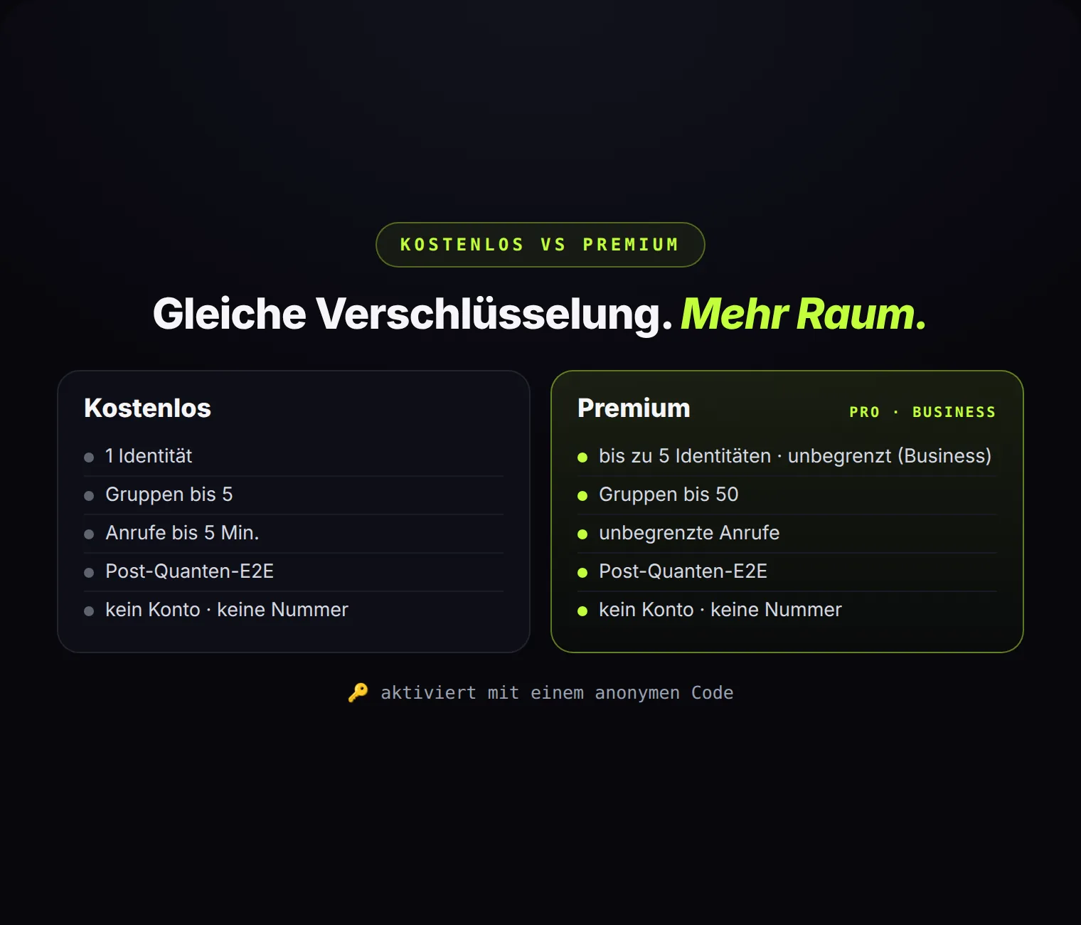Kostenlos vs Premium: dieselbe Verschlüsselung für alle — Premium fügt nur Kapazität hinzu.