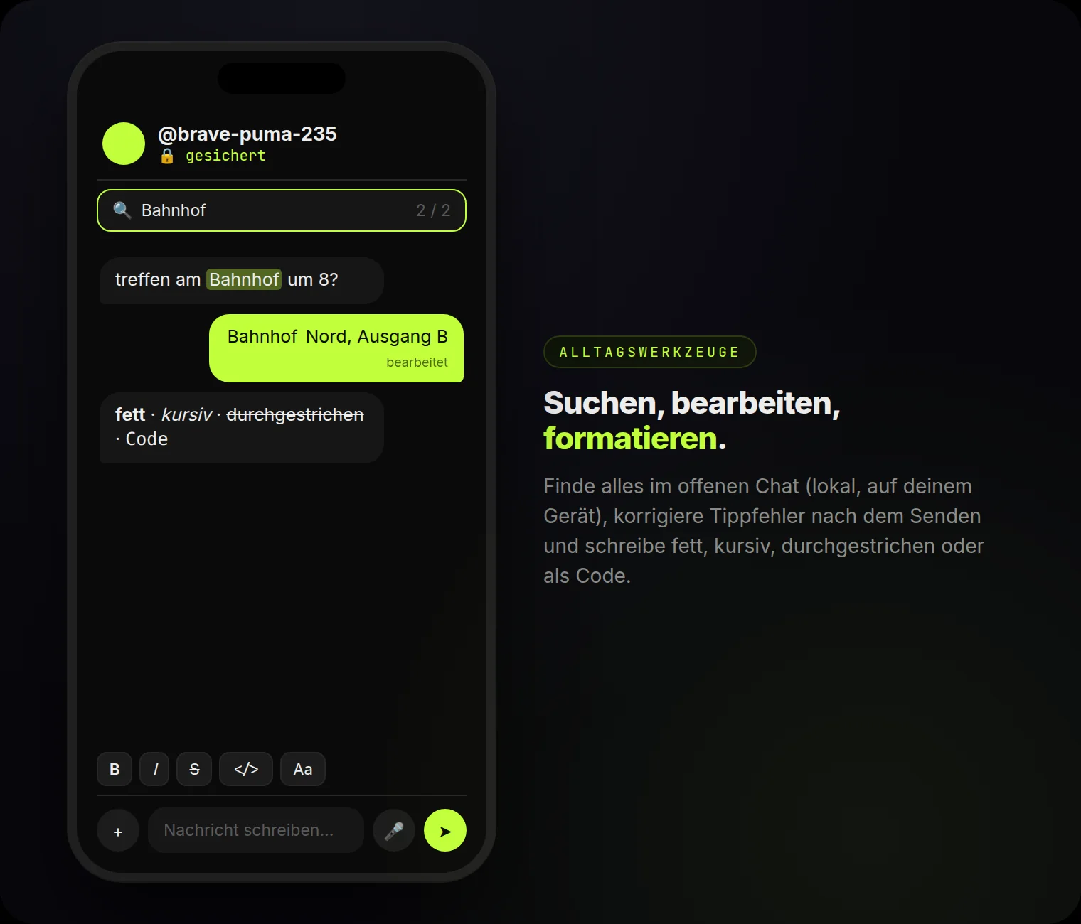 Suche im Chat, bearbeitete Nachrichten und Formatierung: fett, kursiv, durchgestrichen, Code.