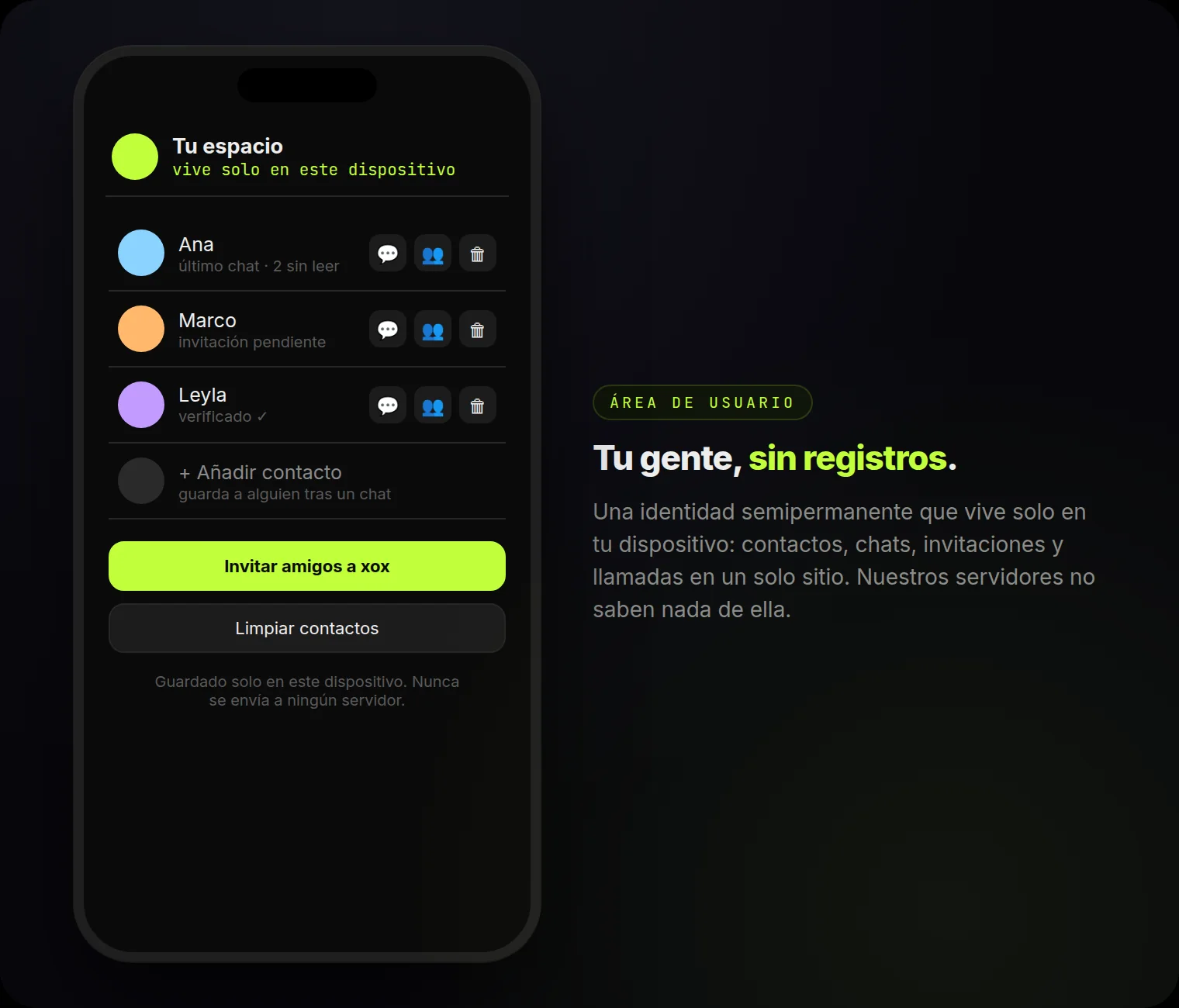 Tu espacio: contactos con acciones de un toque — invitar 1 a 1, llamada de grupo, eliminar. Solo en este dispositivo.