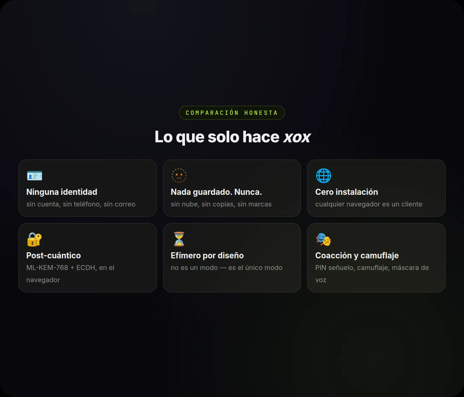 Seis cosas que solo hace xox — por diseño, no como un modo.