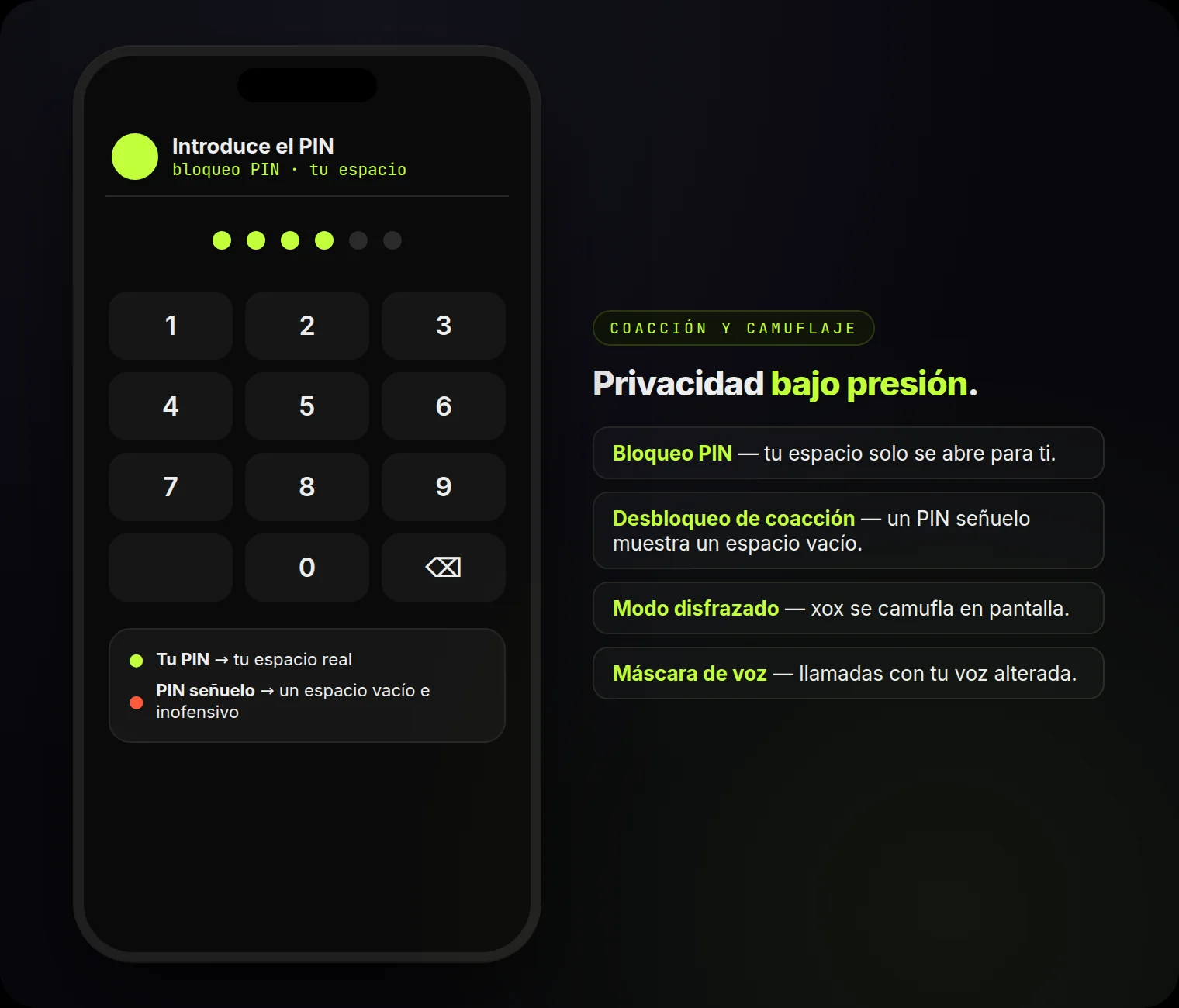 Bloqueo con PIN, desbloqueo de coacción con PIN señuelo, modo disfrazado y máscara de voz — privacidad bajo presión.