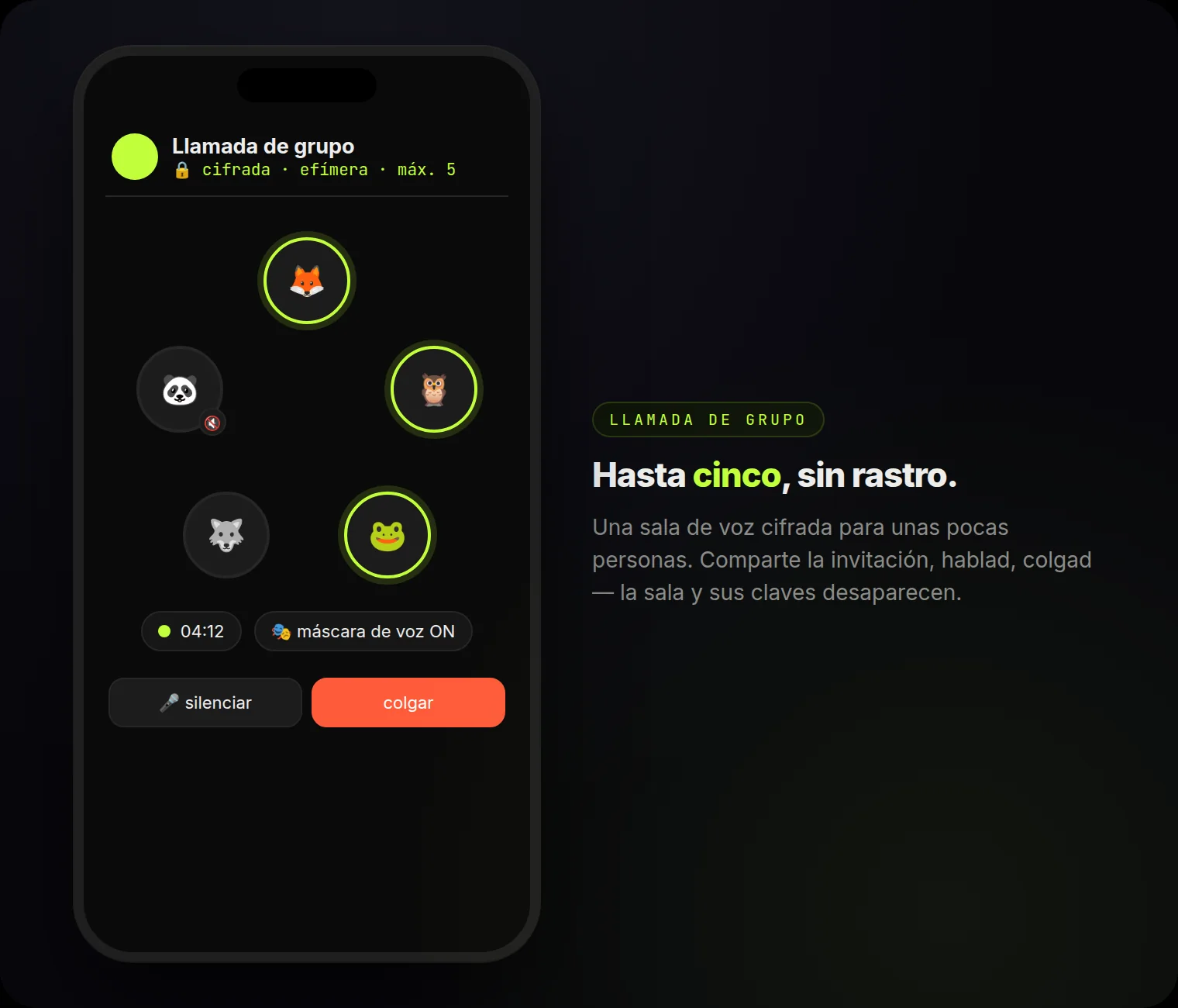 Llamada de grupo: hasta cinco personas, cifrada y efímera — con máscara de voz si quieres.