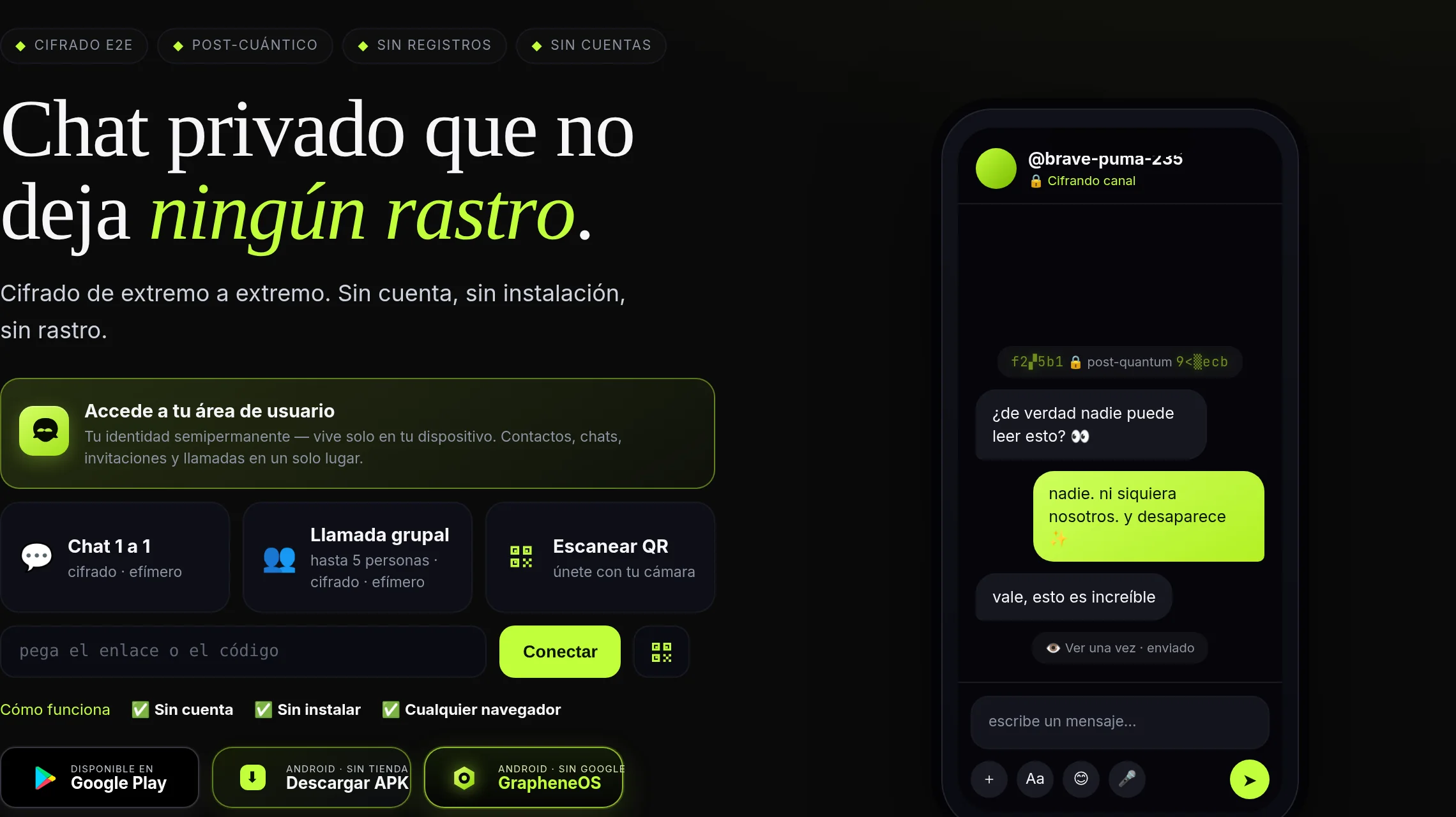 La pantalla principal de xox: área de usuario, chat 1 a 1, llamada de grupo, QR y la caja de invitación.
