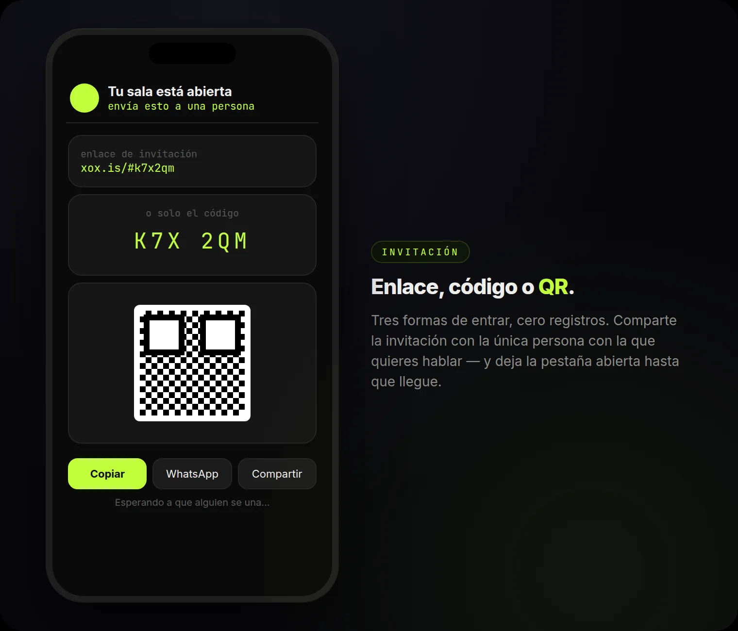 Tu sala está abierta: enlace, código de 6 caracteres y QR — tres formas de entrar, cero registros.