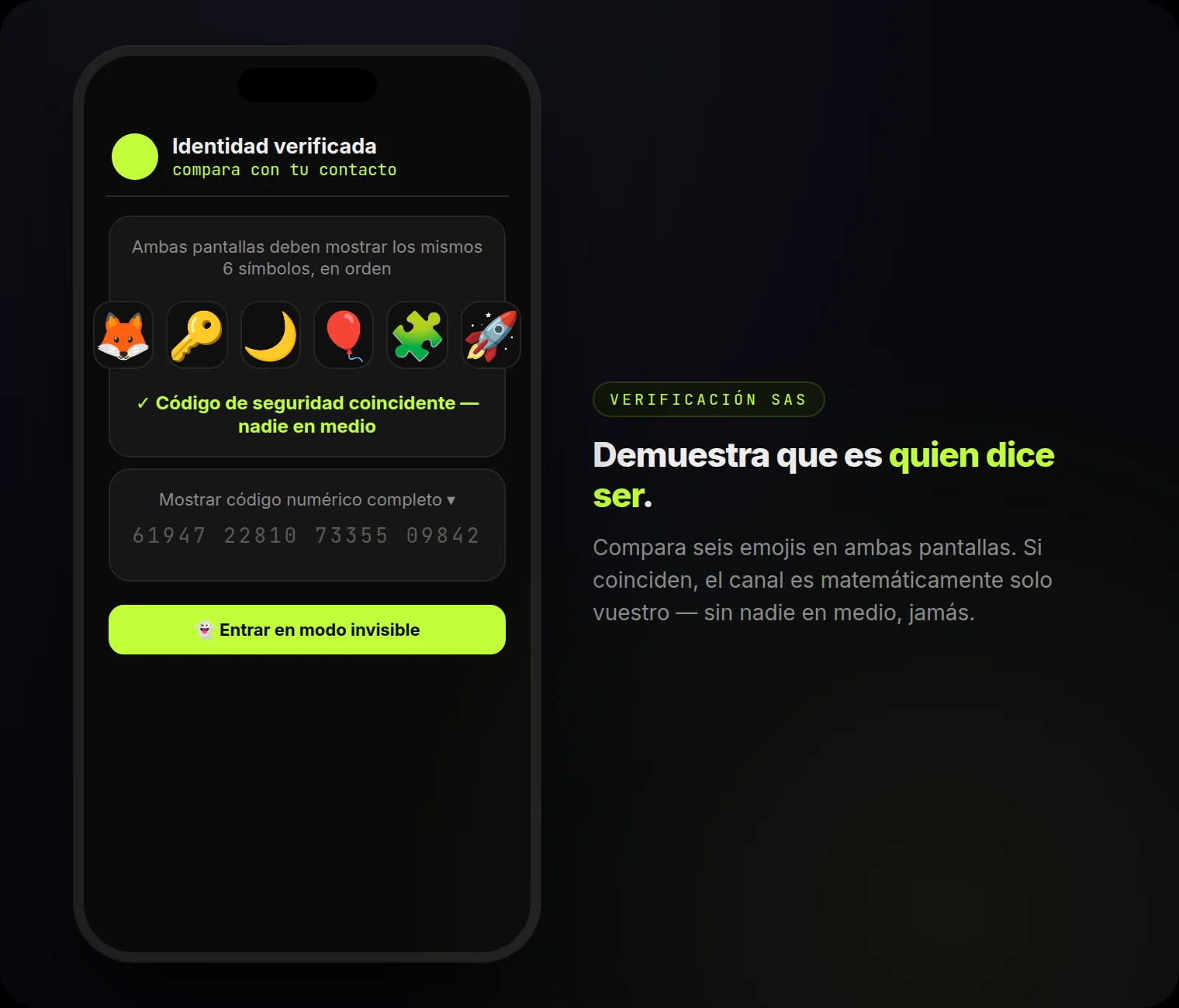 Verificación de identidad: seis emojis que deben coincidir en ambas pantallas — nadie en medio.