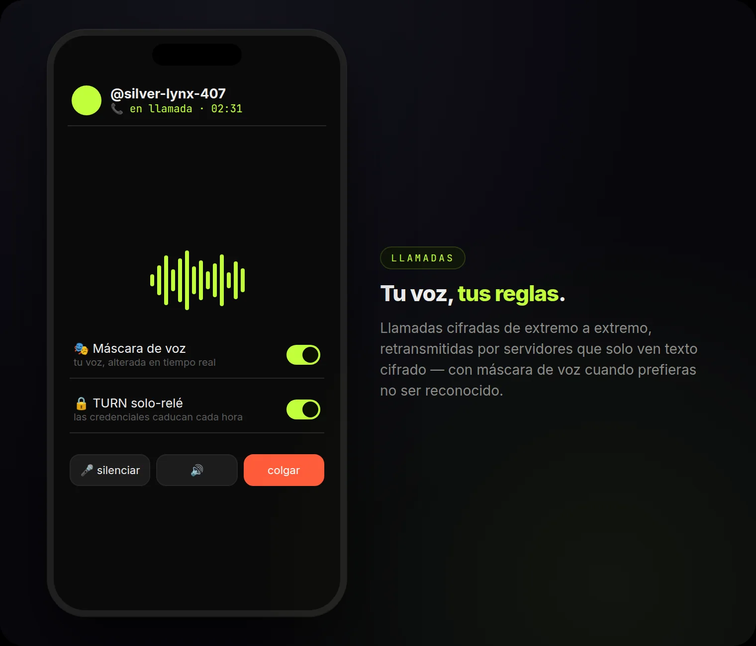 Llamadas: cifradas de extremo a extremo, solo-relé, credenciales por hora — y máscara de voz en tiempo real.