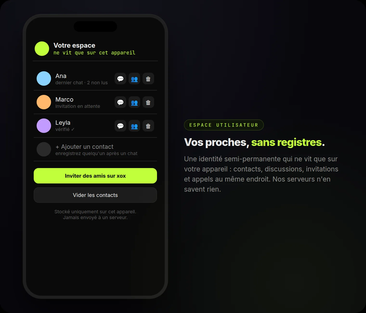 Votre espace : contacts avec actions en un geste — inviter en 1 à 1, appel de groupe, supprimer. Uniquement sur cet appareil.