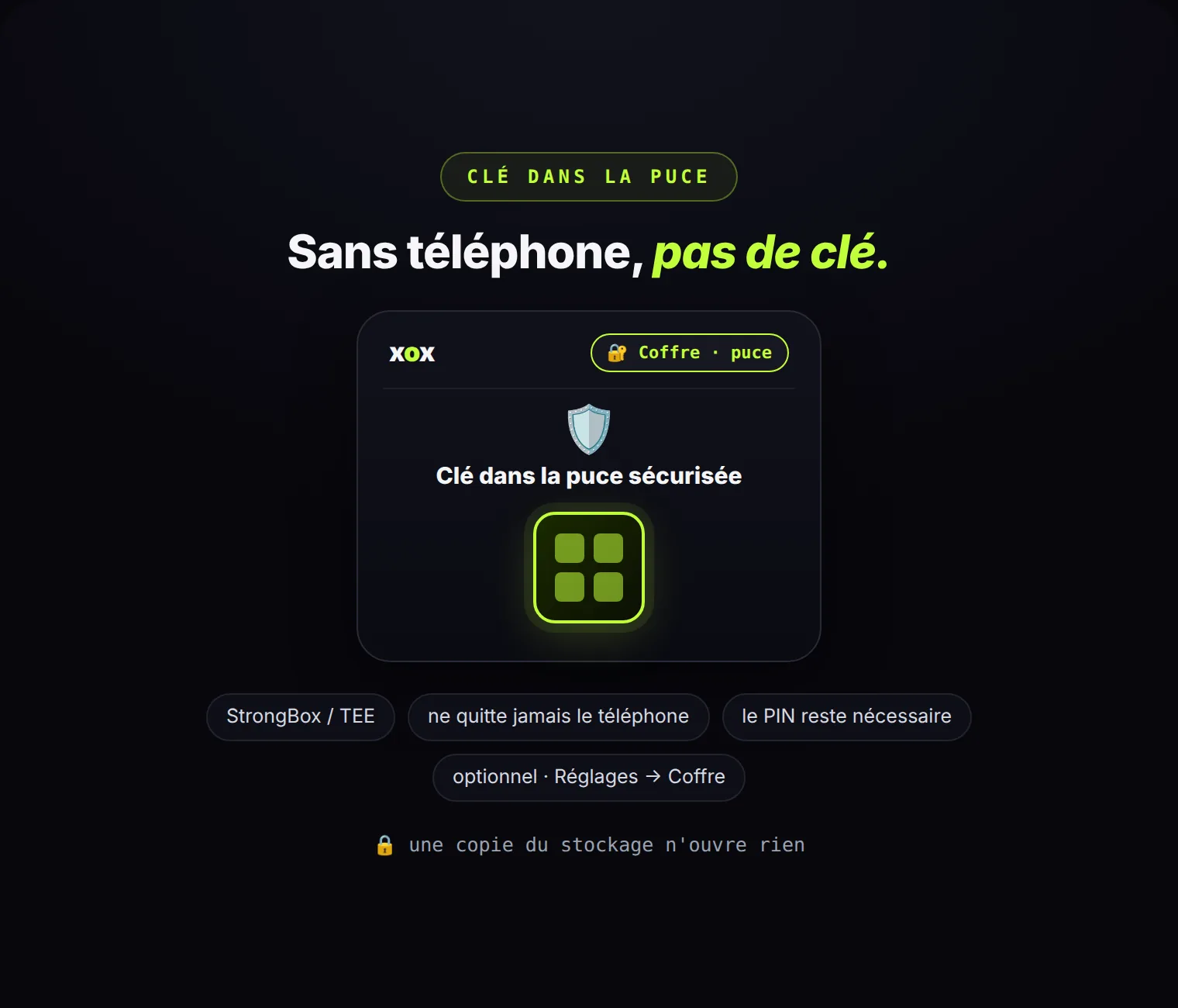 La clé du coffre peut désormais vivre dans la puce sécurisée du téléphone. Une copie du stockage ne sert à rien sans ce téléphone.