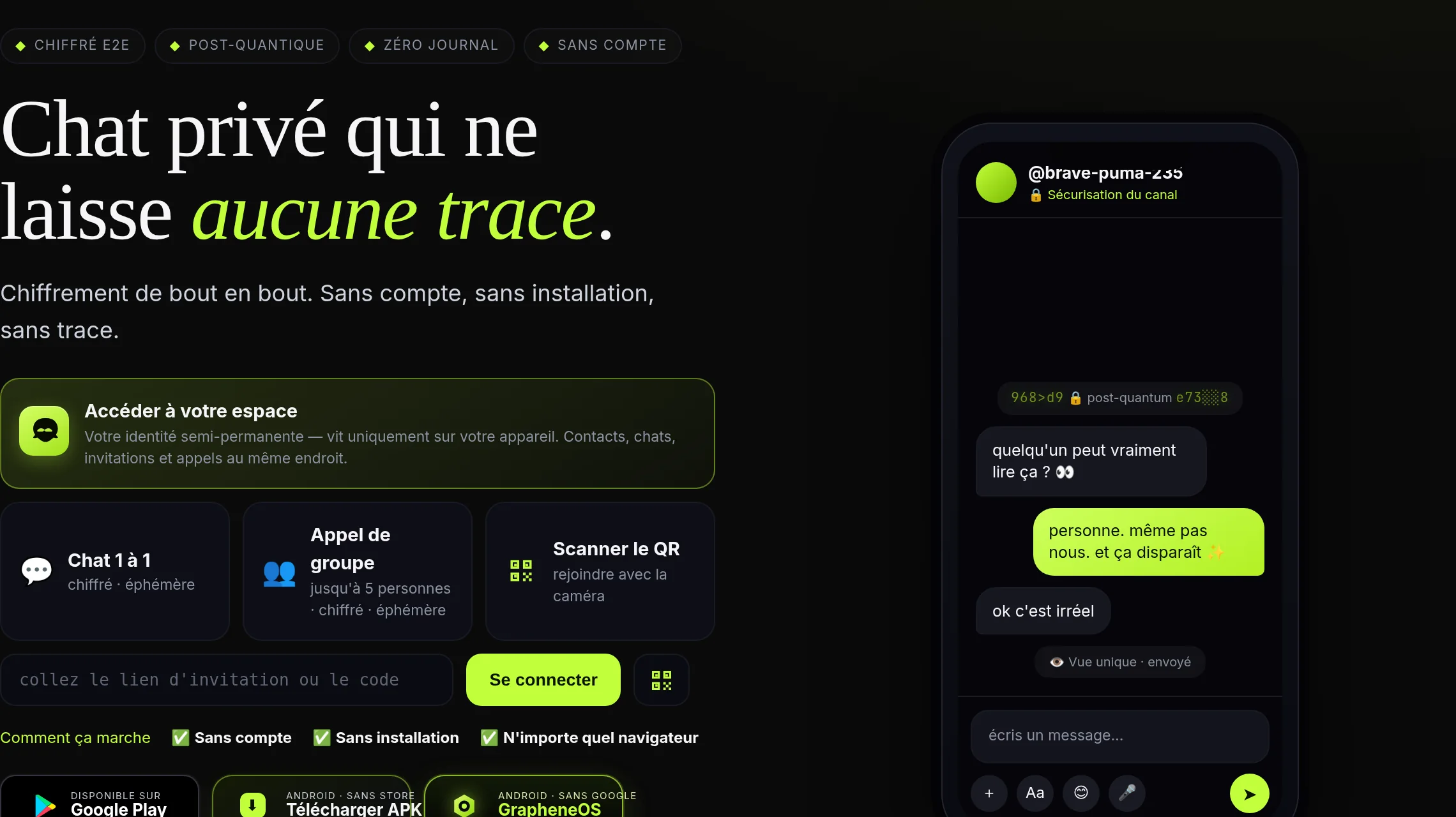 L'écran d'accueil de xox : espace utilisateur, chat 1 à 1, appel de groupe, QR et la zone d'invitation.