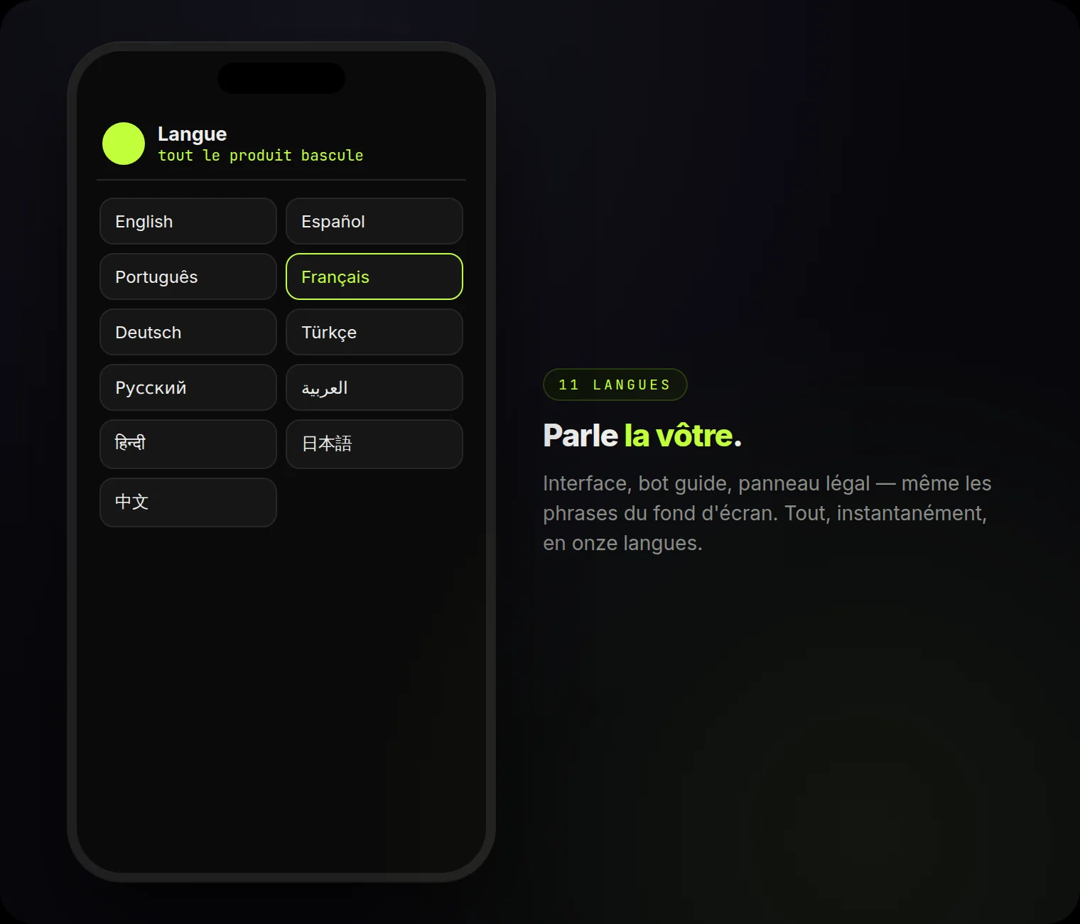 Onze langues — tout le produit bascule instantanément.