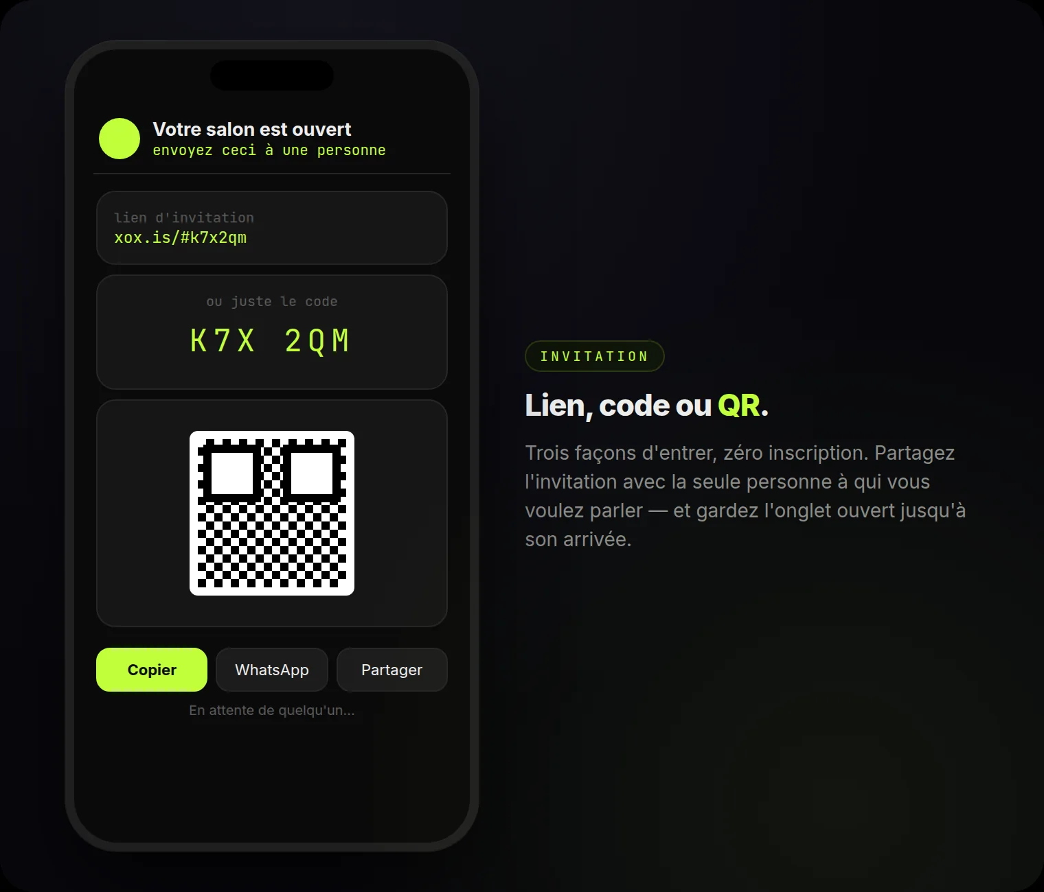 Votre salon est ouvert : lien, code à 6 caractères et QR — trois façons d'entrer, zéro inscription.