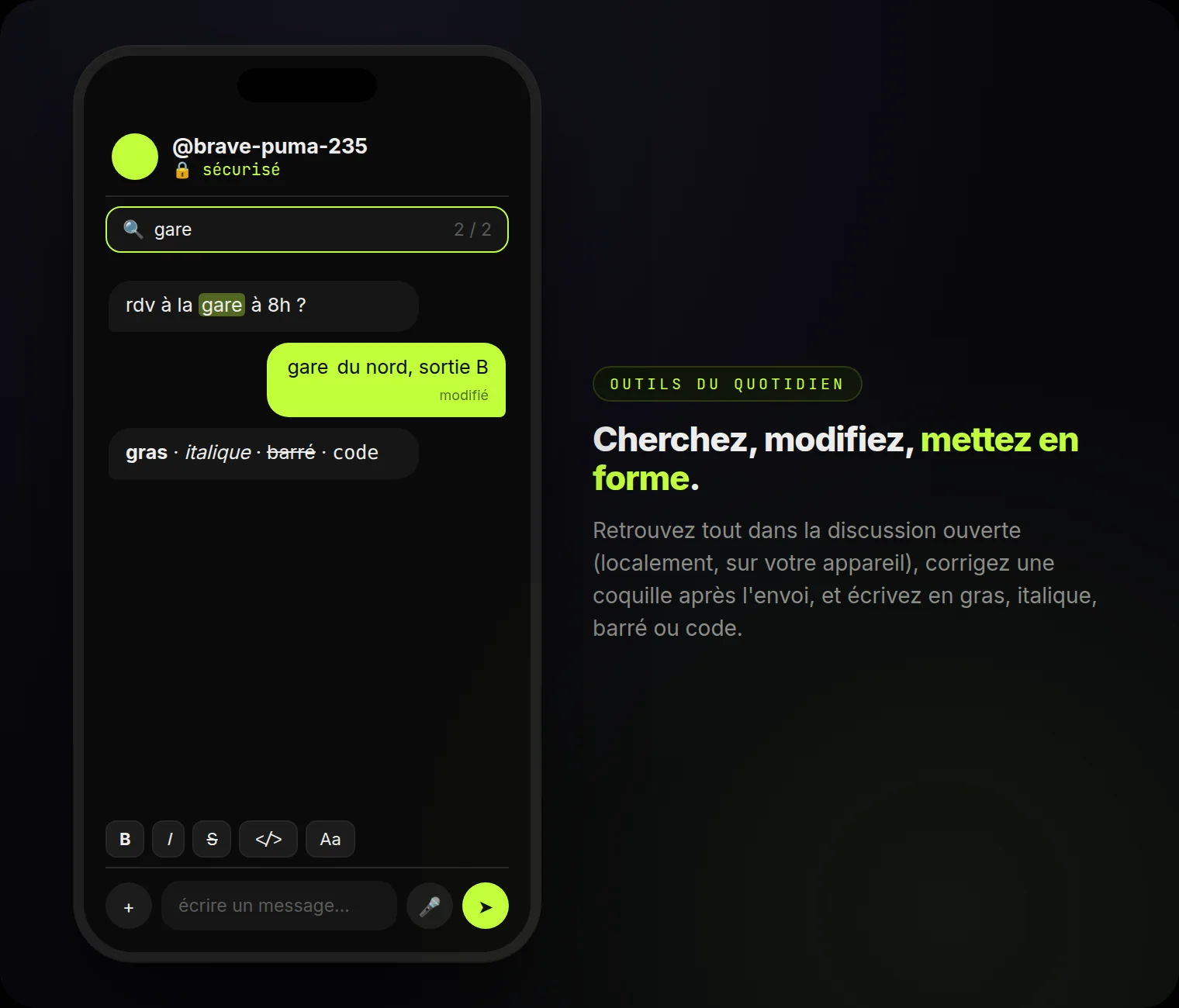 Recherche dans le chat, messages modifiés et mise en forme : gras, italique, barré, code.