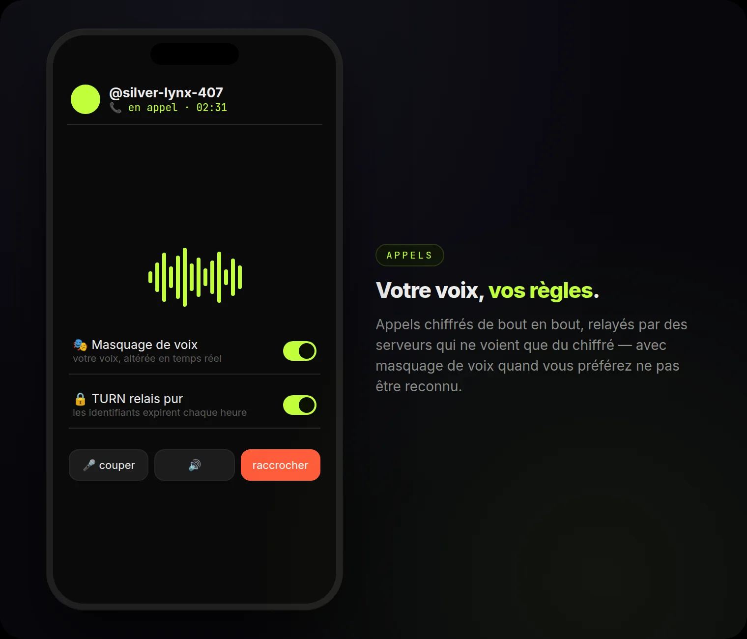 Appels : chiffrés de bout en bout, relais pur, identifiants horaires — et masquage de voix en temps réel.