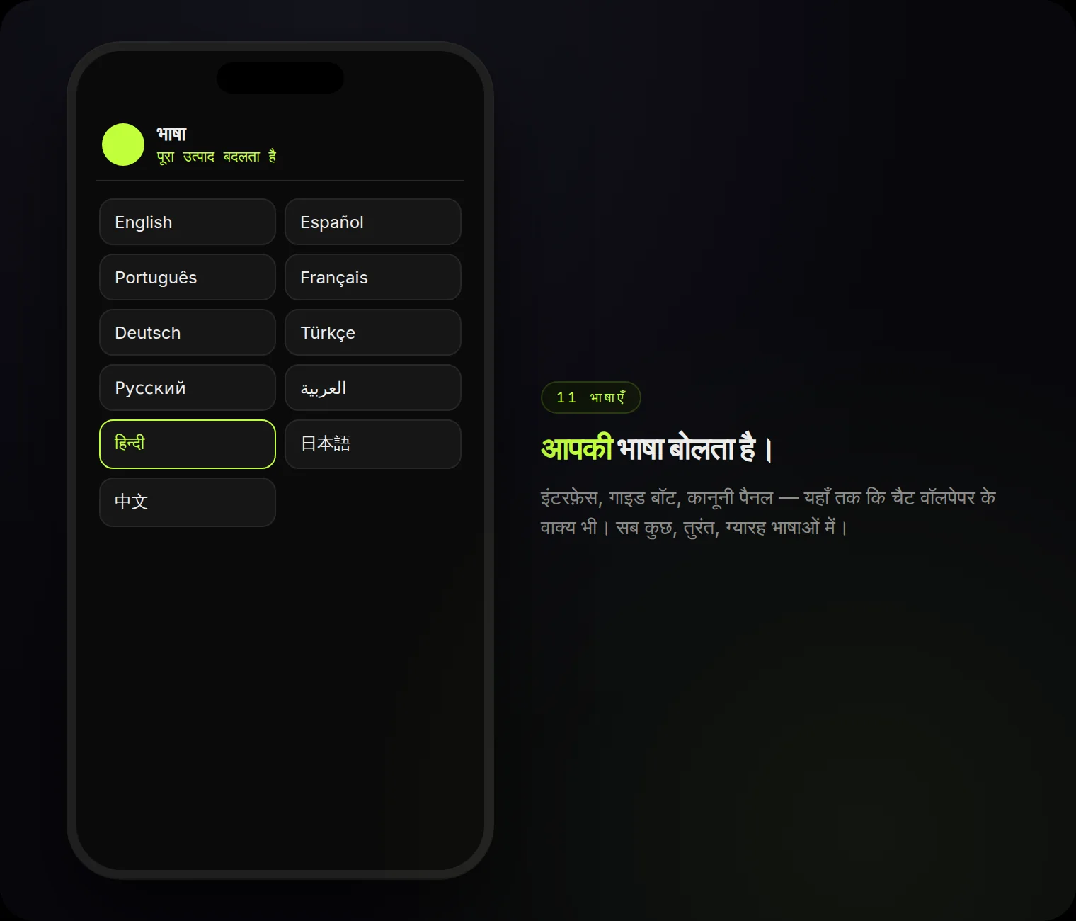 ग्यारह भाषाएँ — पूरा उत्पाद तुरंत बदल जाता है।