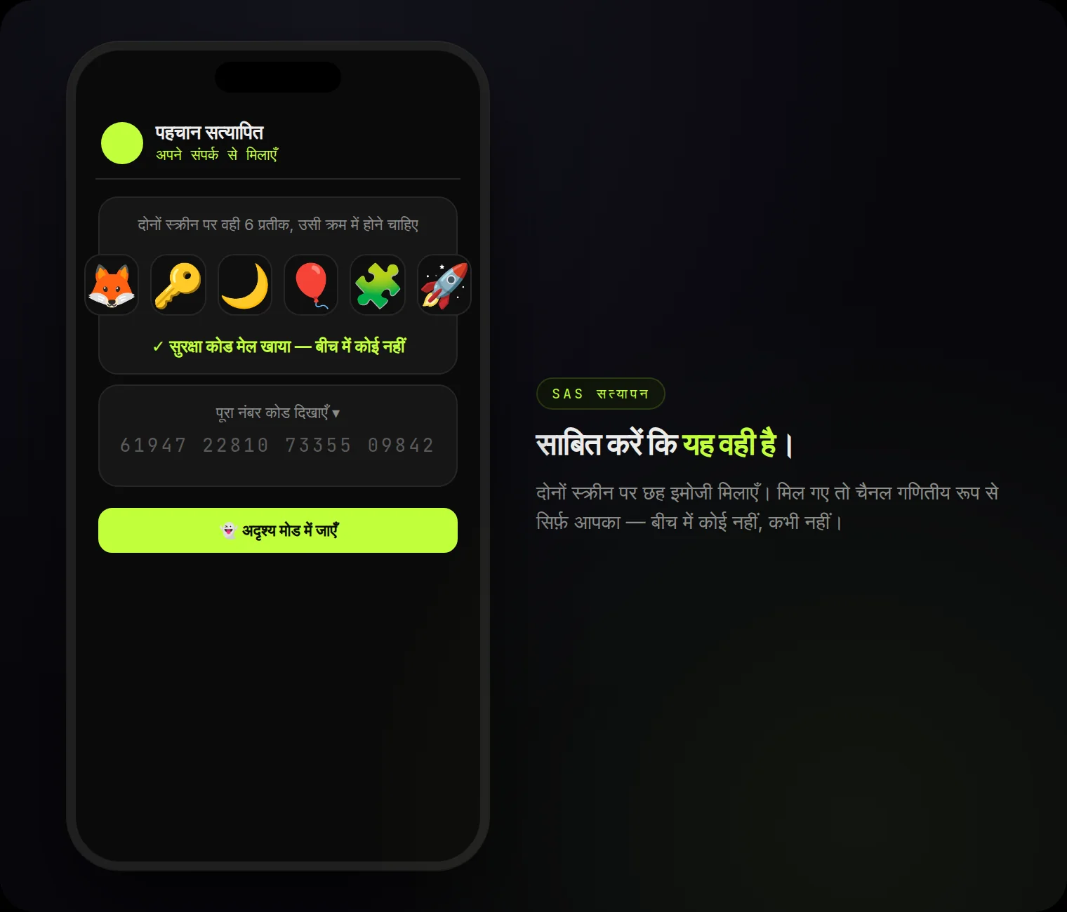 पहचान सत्यापन: छह इमोजी जो दोनों स्क्रीन पर मेल खाने चाहिए — बीच में कोई नहीं।