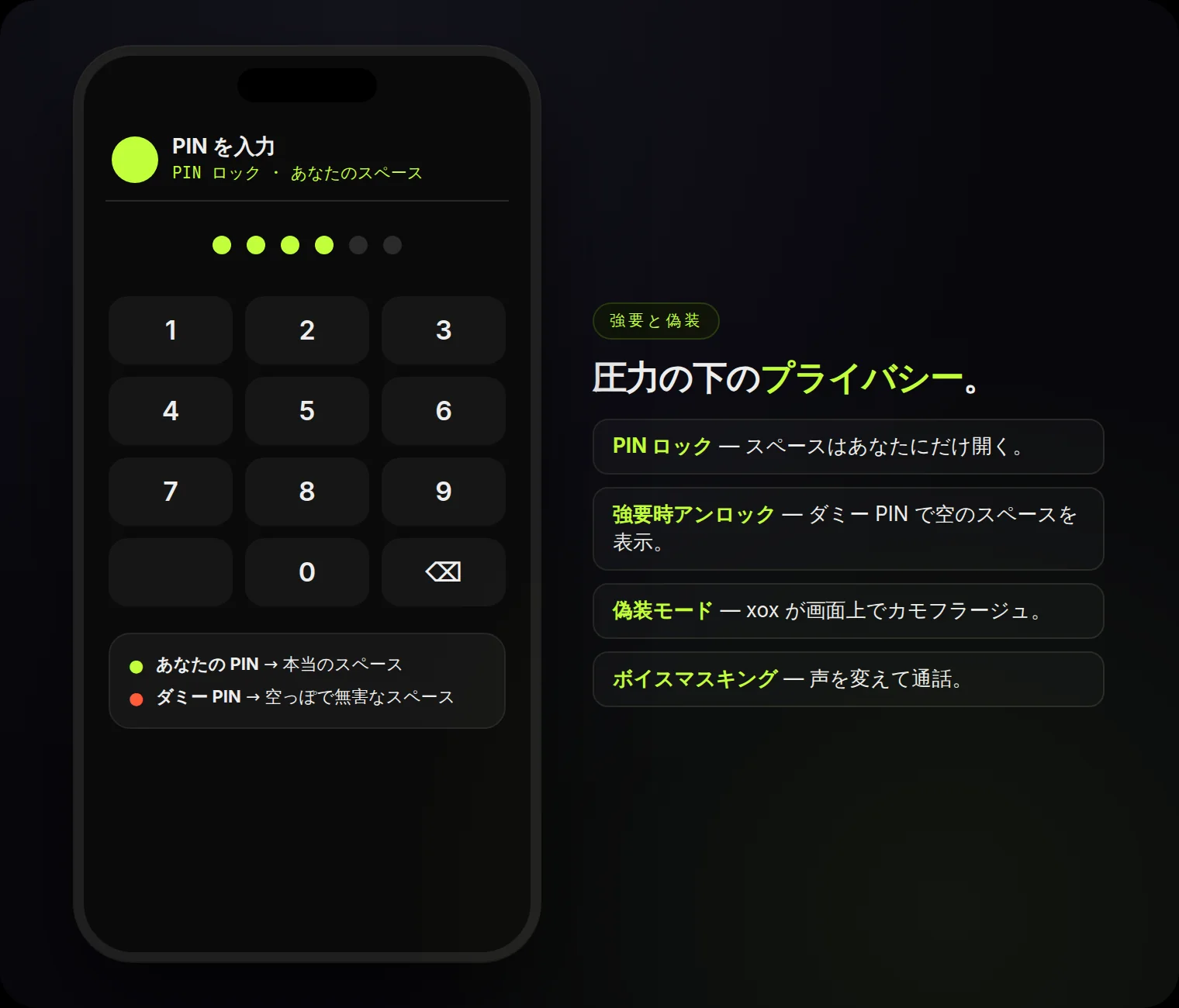 PIN ロック、ダミー PIN での強要時アンロック、偽装モード、ボイスマスキング — 圧力下のプライバシー。