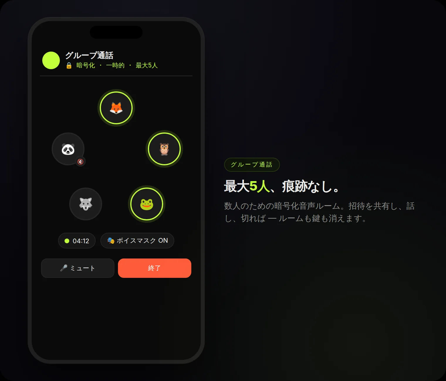グループ通話:最大5人、暗号化かつ一時的 — 必要ならボイスマスキングも。