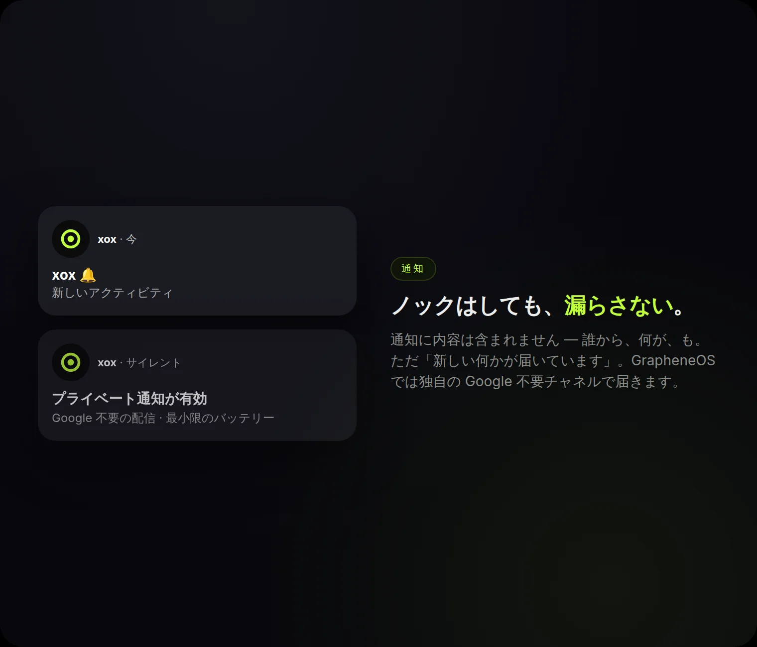 内容ゼロの通知:「新しい何か」というノックだけ — 誰から、何が、は決して含まれない。