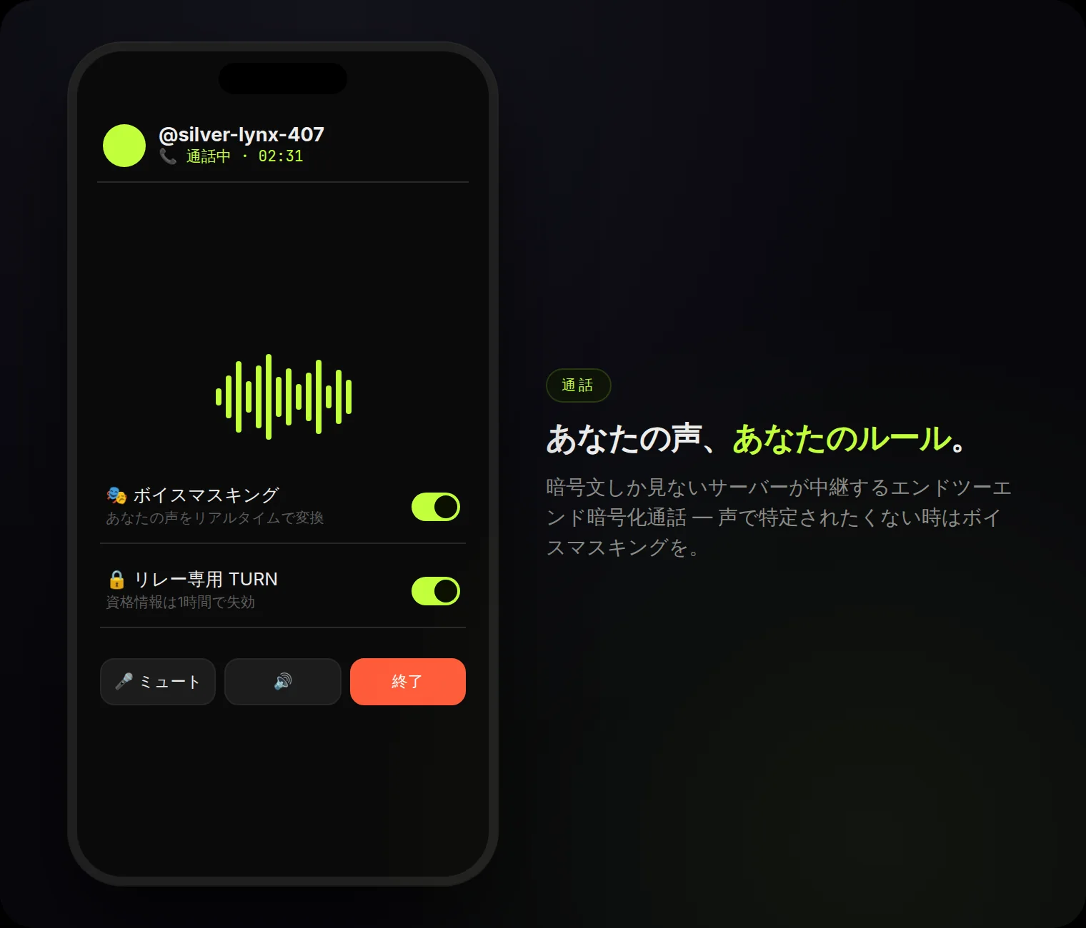通話:エンドツーエンド暗号化、リレー専用、毎時の資格情報 — そしてリアルタイムのボイスマスキング。
