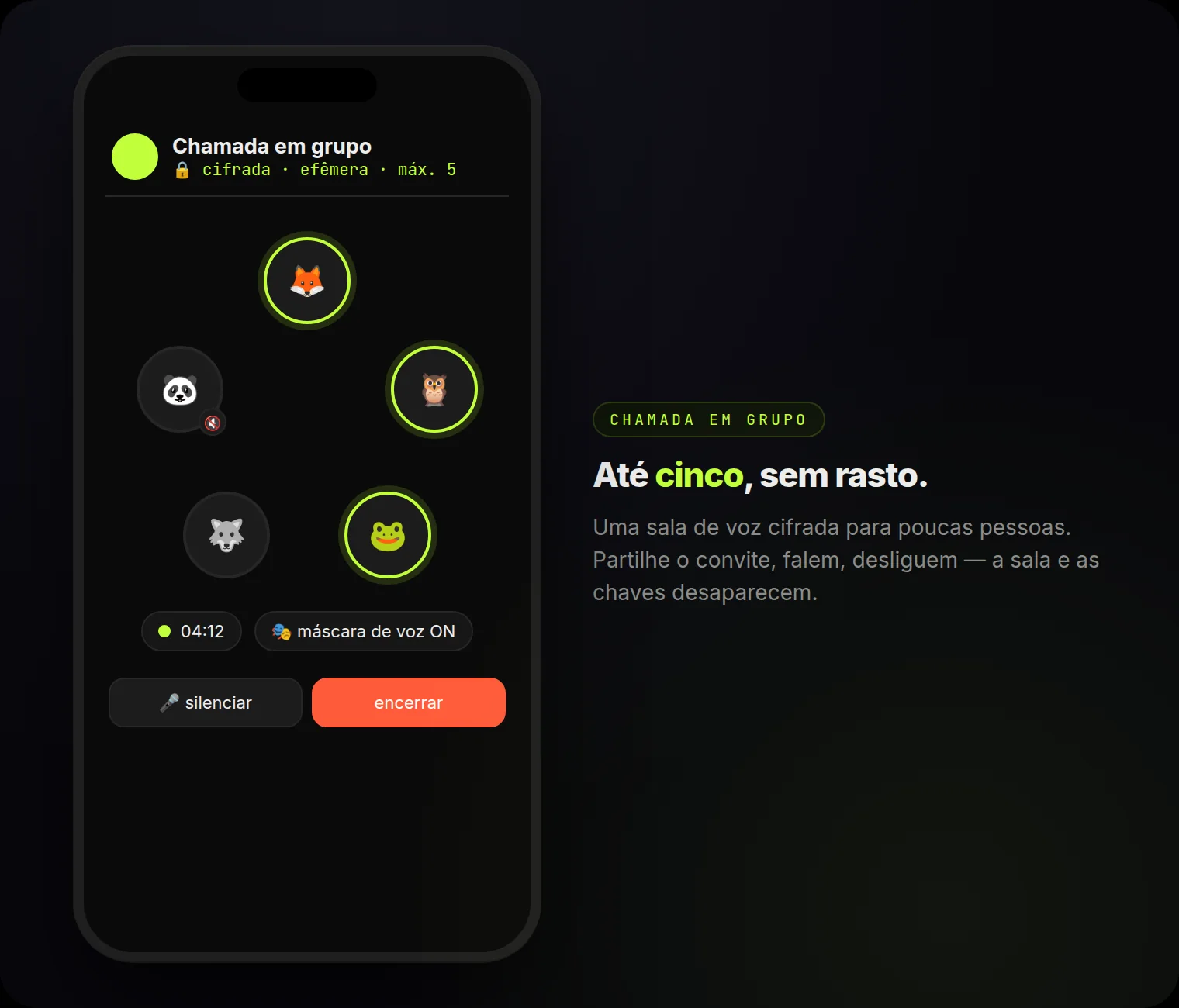 Chamada em grupo: até cinco pessoas, cifrada e efêmera — com máscara de voz se quiser.