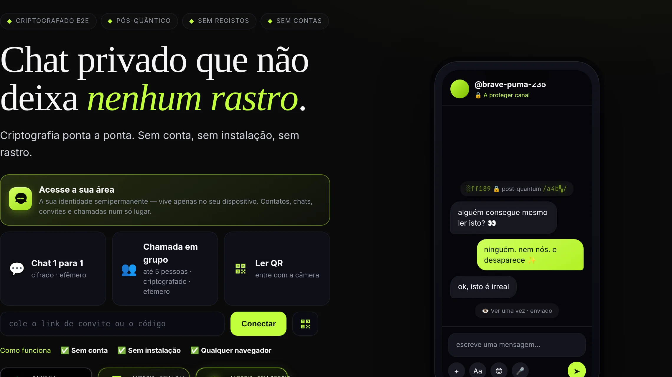 A tela inicial do xox: área de usuário, chat 1 a 1, chamada em grupo, QR e a caixa de convite.