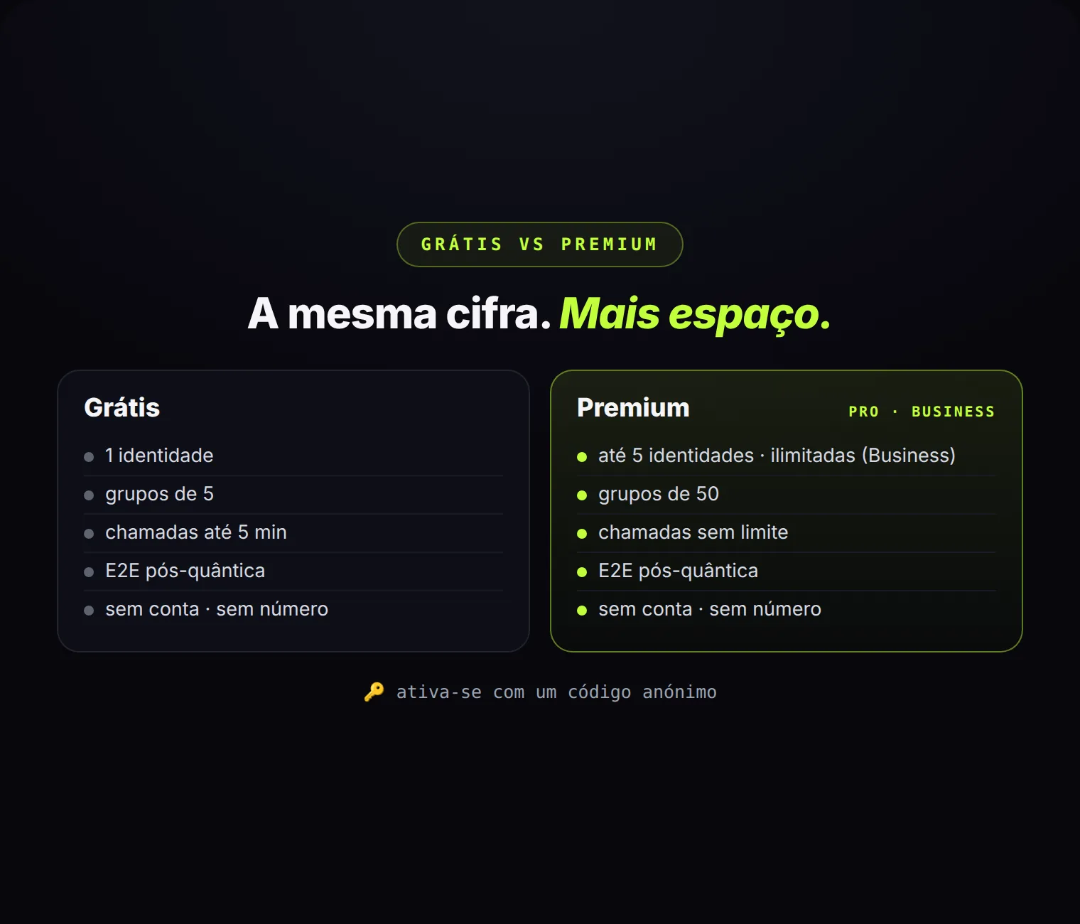 Grátis vs Premium: a mesma cifra para todos — o Premium só acrescenta capacidade.