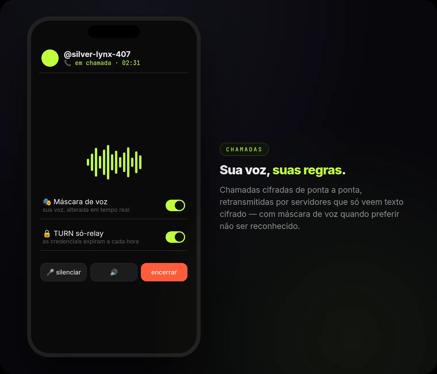 Chamadas: cifradas de ponta a ponta, só-relay, credenciais por hora — e máscara de voz em tempo real.