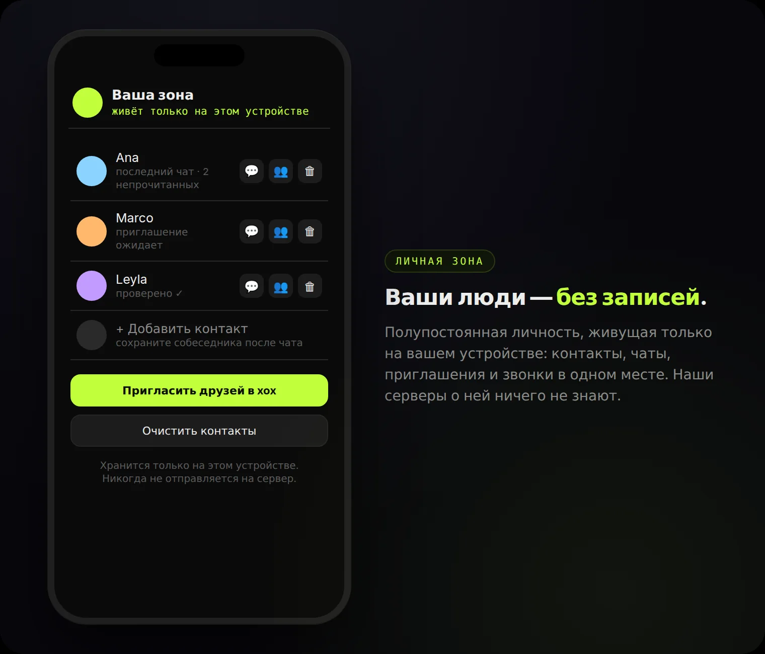 Ваша зона: контакты с действиями в одно касание — пригласить 1 на 1, групповой звонок, удалить. Только на этом устройстве.