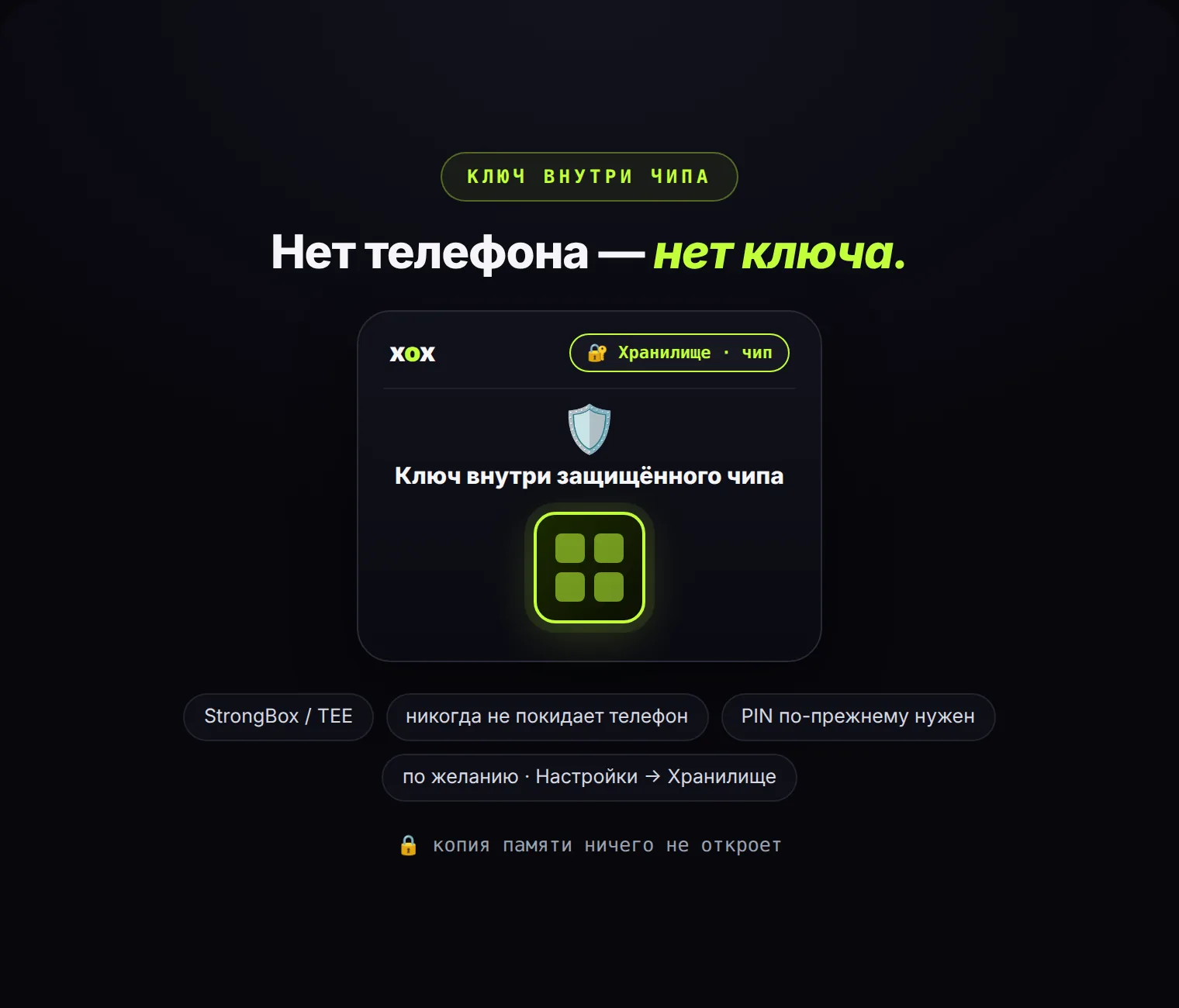 Ключ хранилища теперь может жить внутри защищённого чипа телефона. Копия памяти бесполезна без этого телефона.