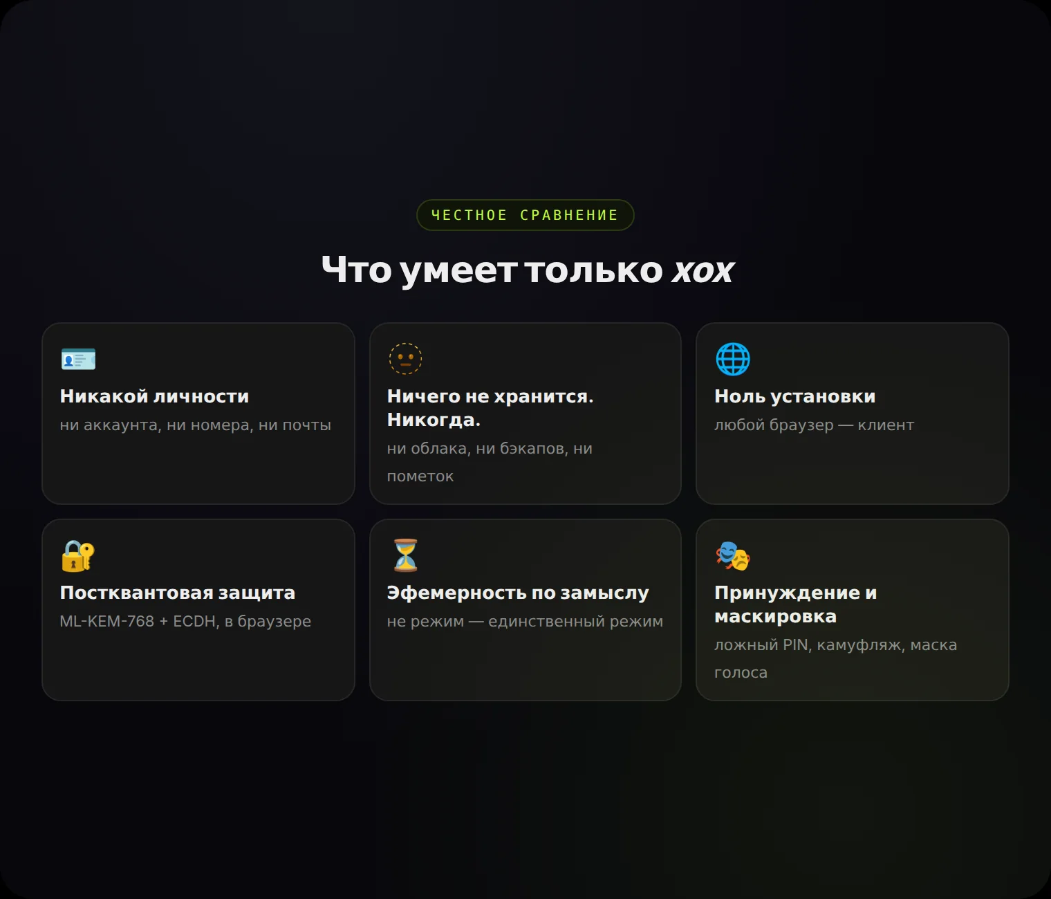 Шесть вещей, которые умеет только xox — по замыслу, а не как режим.