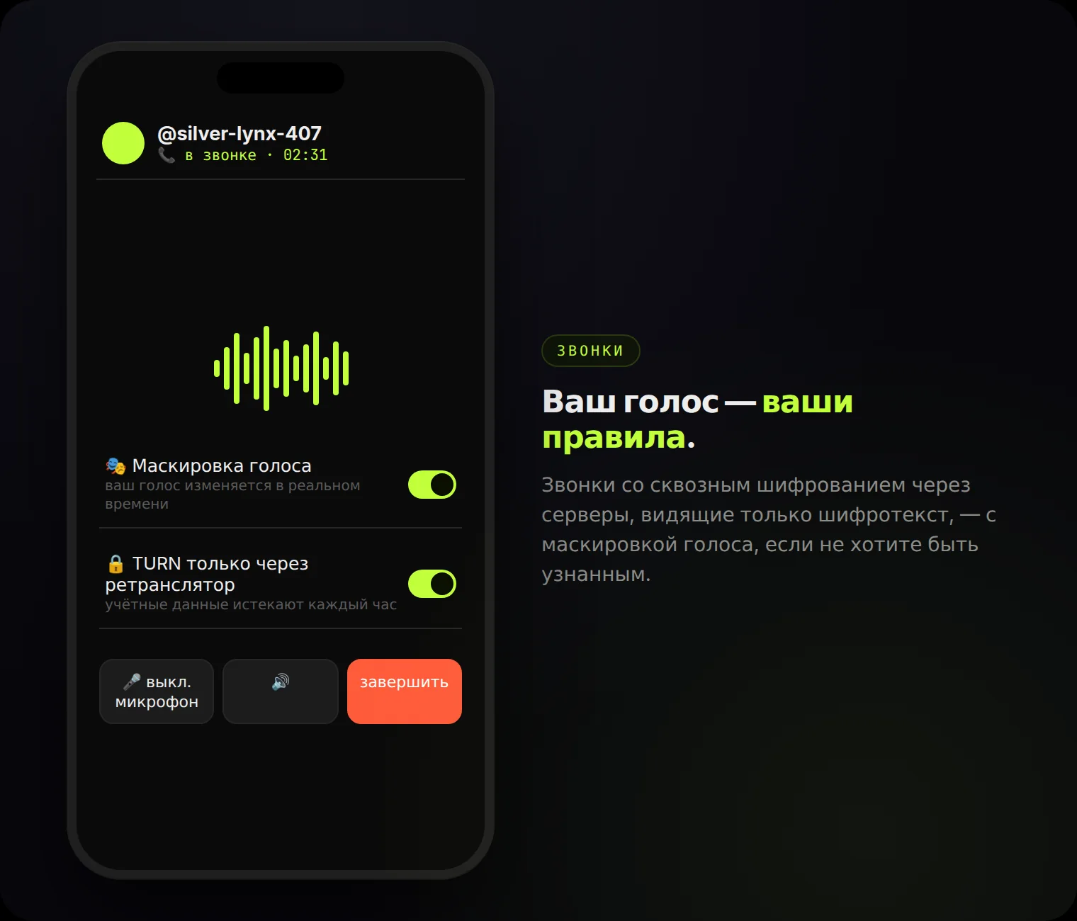 Звонки: сквозное шифрование, только ретрансляция, часовые учётные данные — и маскировка голоса в реальном времени.