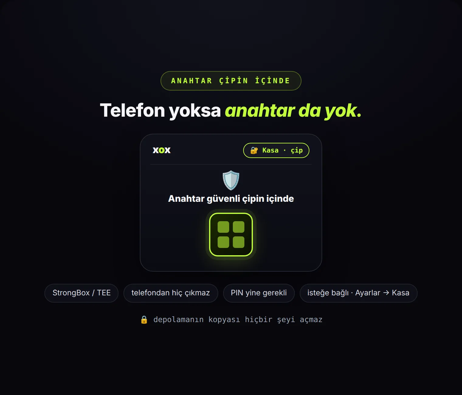 Kasa anahtarı artık telefonun güvenli çipinde yaşayabilir. Depolamanın kopyası bu telefon olmadan işe yaramaz.