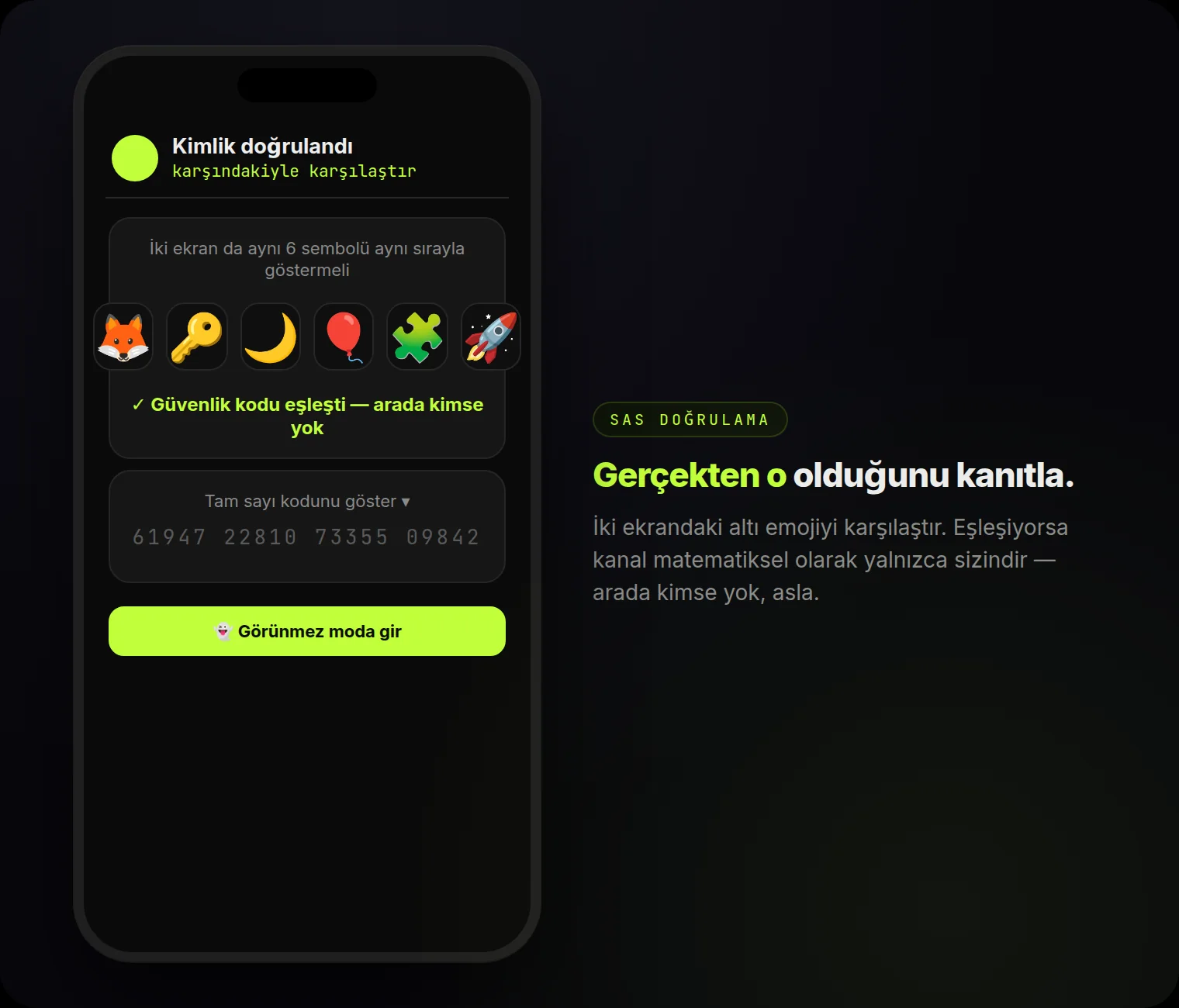 Kimlik doğrulama: iki ekranda da eşleşmesi gereken altı emoji — arada kimse yok.