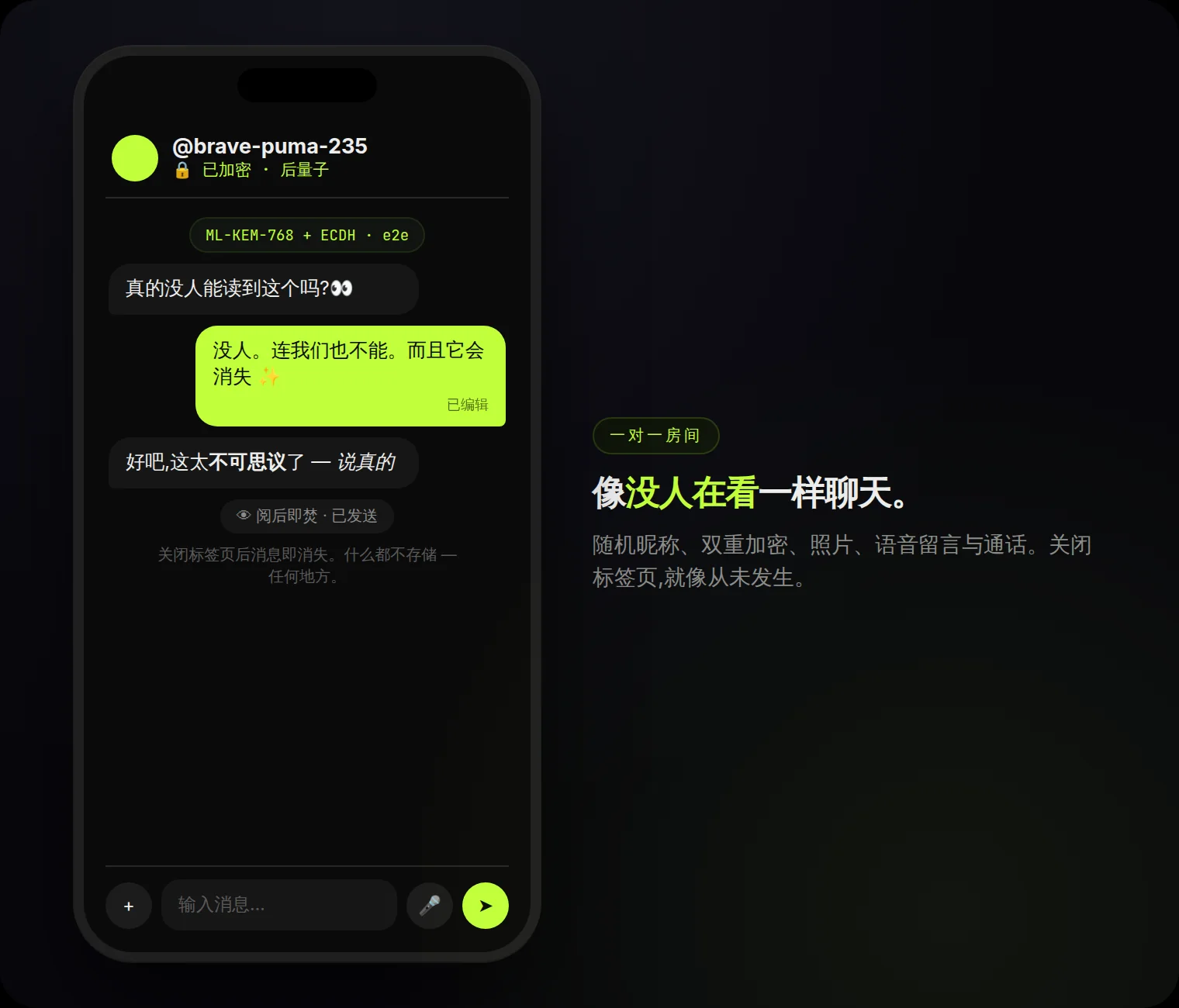 房间内部:随机昵称、后量子标识、已编辑消息与阅后即焚。