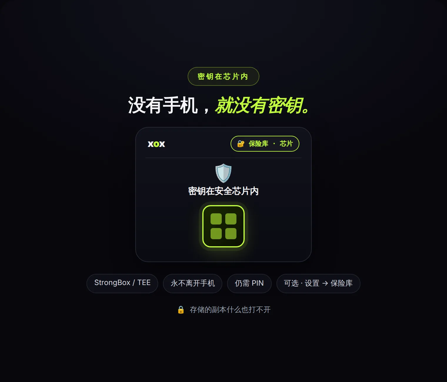 保险库密钥现在可以存放在手机的安全芯片中。没有这部手机,存储的副本毫无用处。