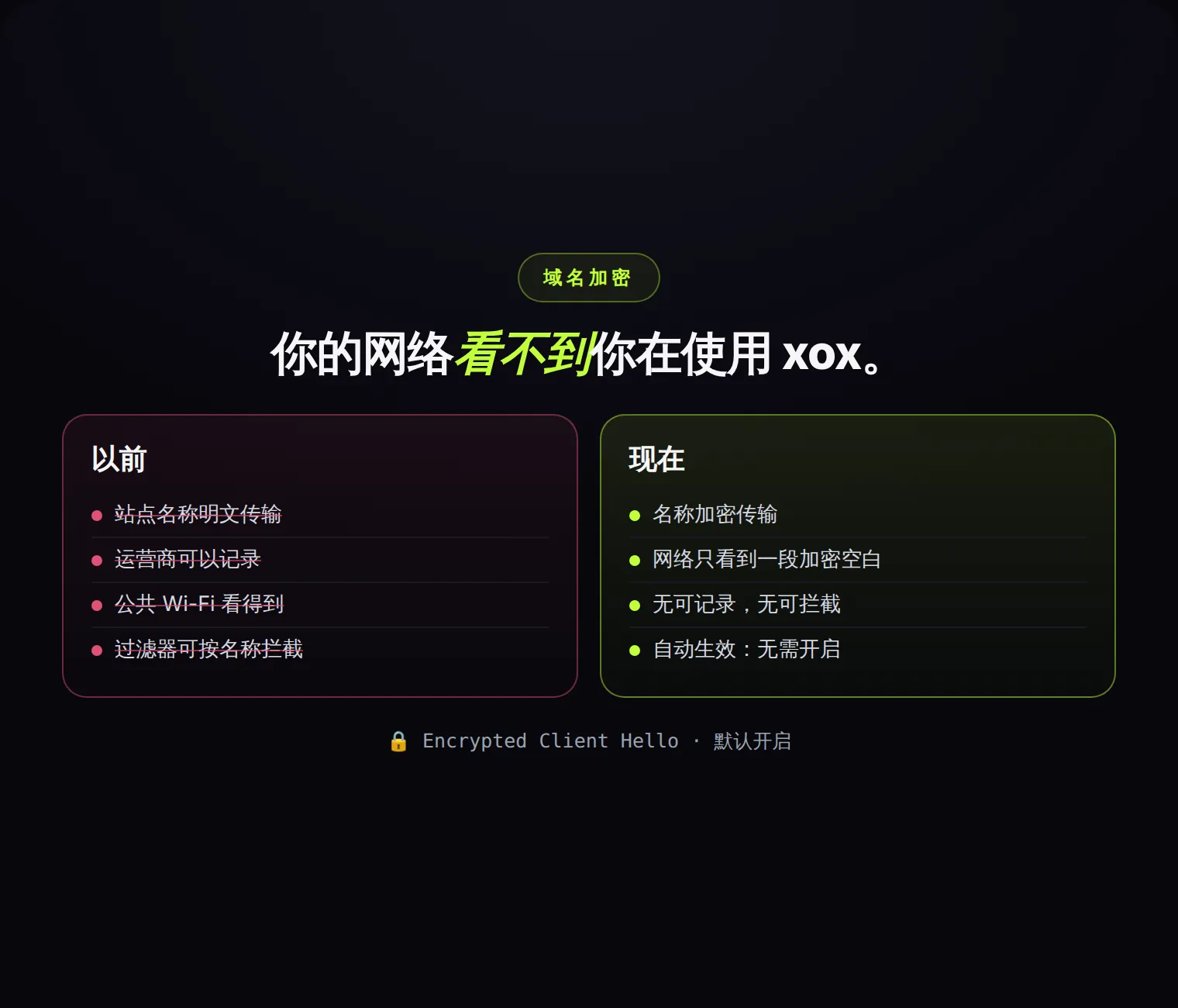 打开 xox 时网络看到的:以前是站点名称,现在是一段加密的空白。
