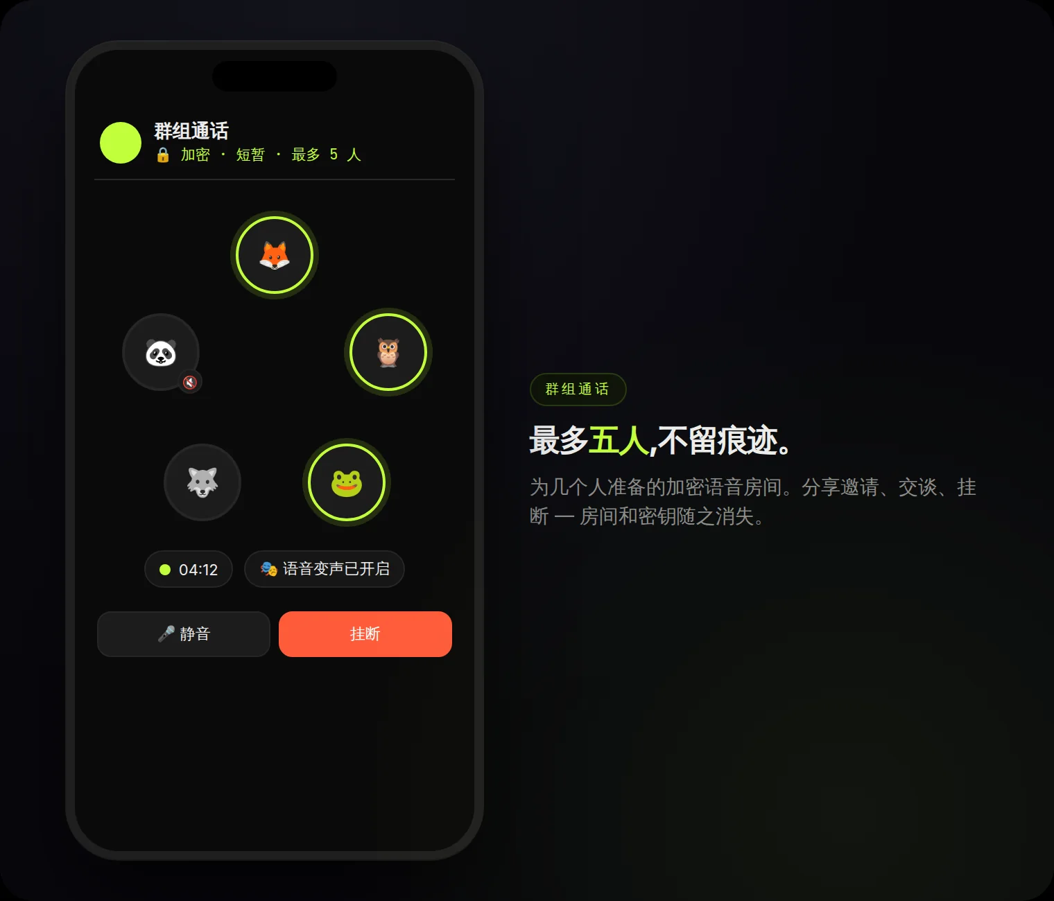 群组通话:最多五人,加密且短暂 — 需要时可开启语音变声。