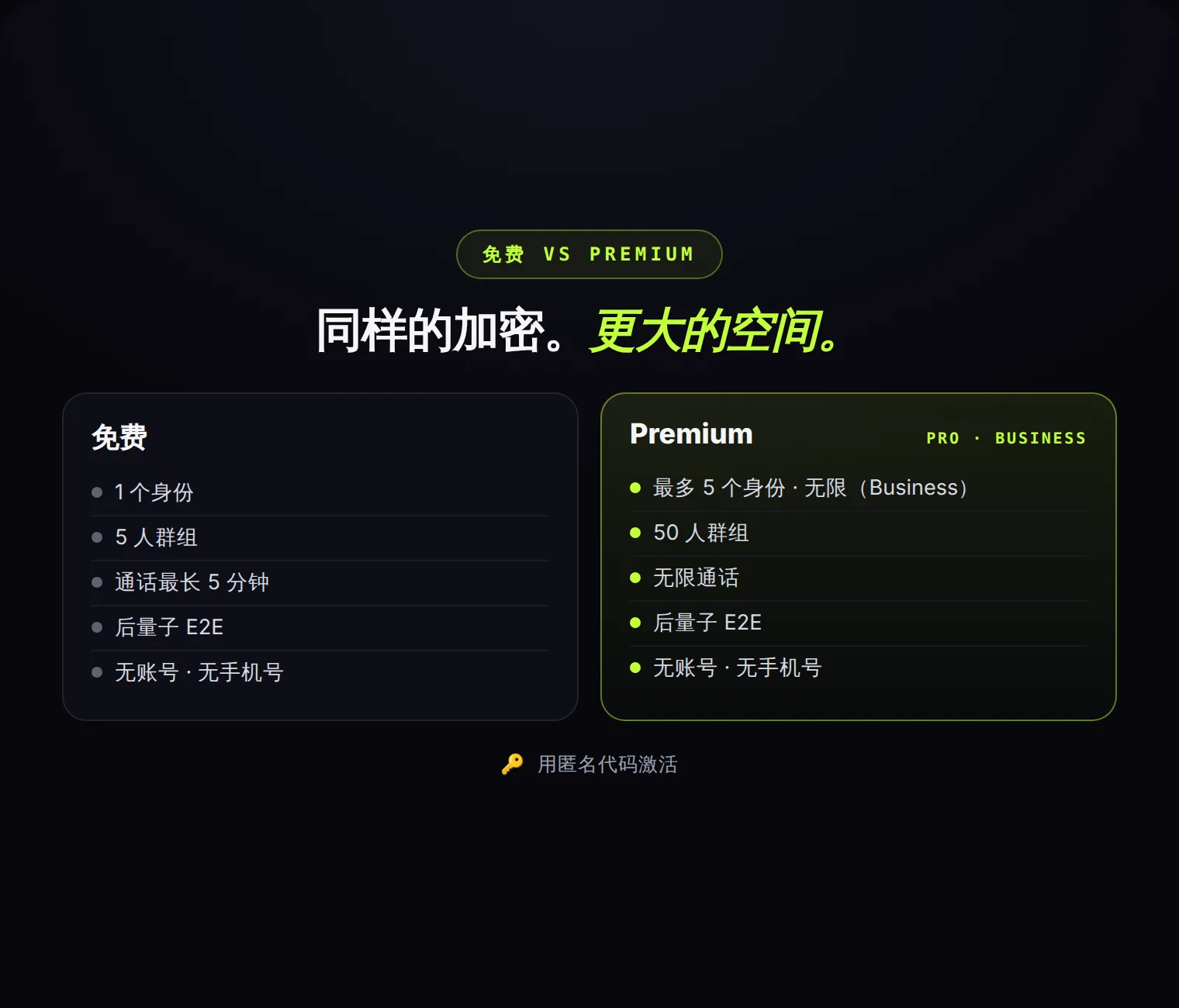 免费 vs Premium:所有人同样的加密 — Premium 只增加容量。