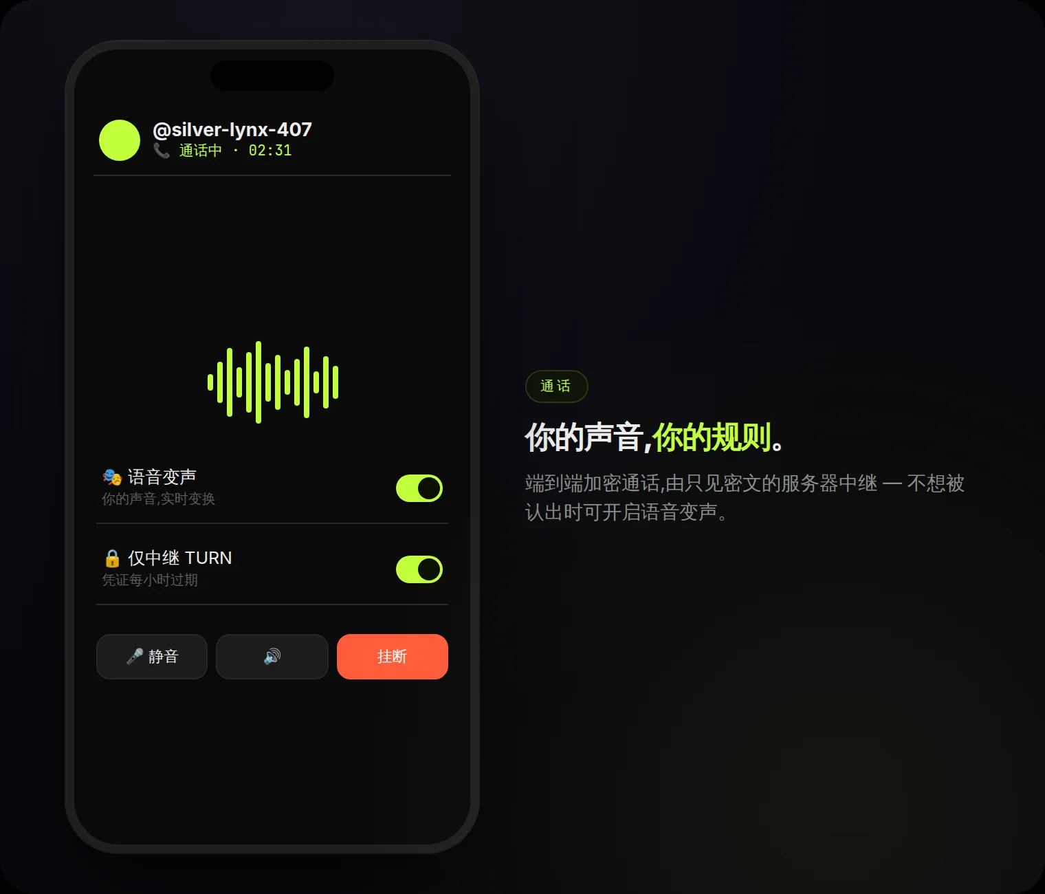 通话:端到端加密、仅中继、每小时凭证 — 以及实时语音变声。